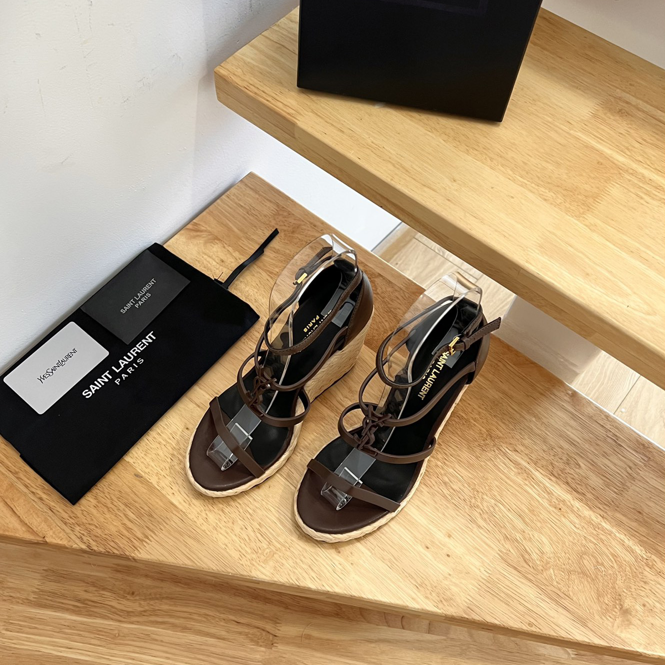 Saint Laurent Cassandra Wedge Espadrilles In Smooth Leather With Brown monogram - FashionPlug