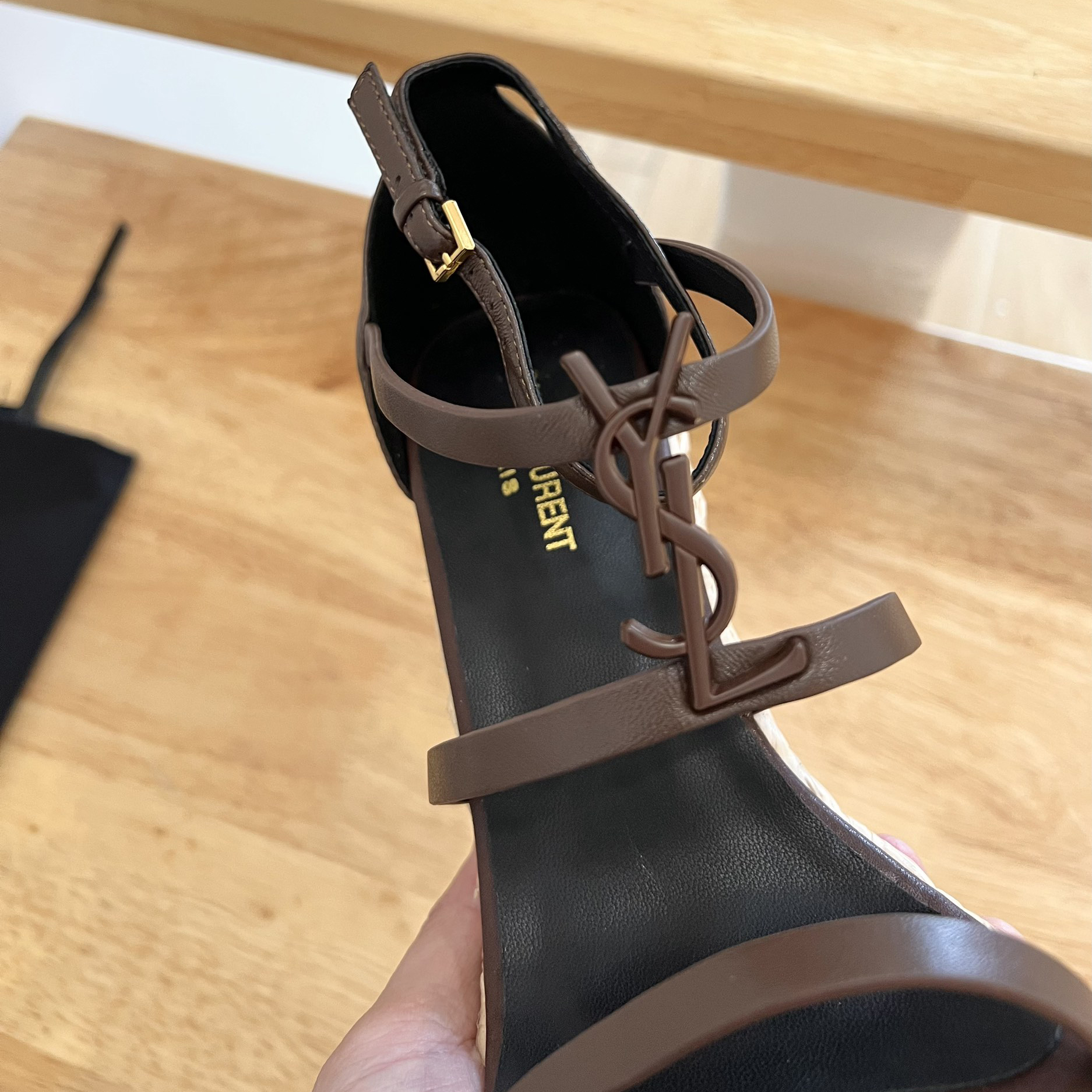 Saint Laurent Cassandra Wedge Espadrilles In Smooth Leather With Brown monogram - FashionPlug