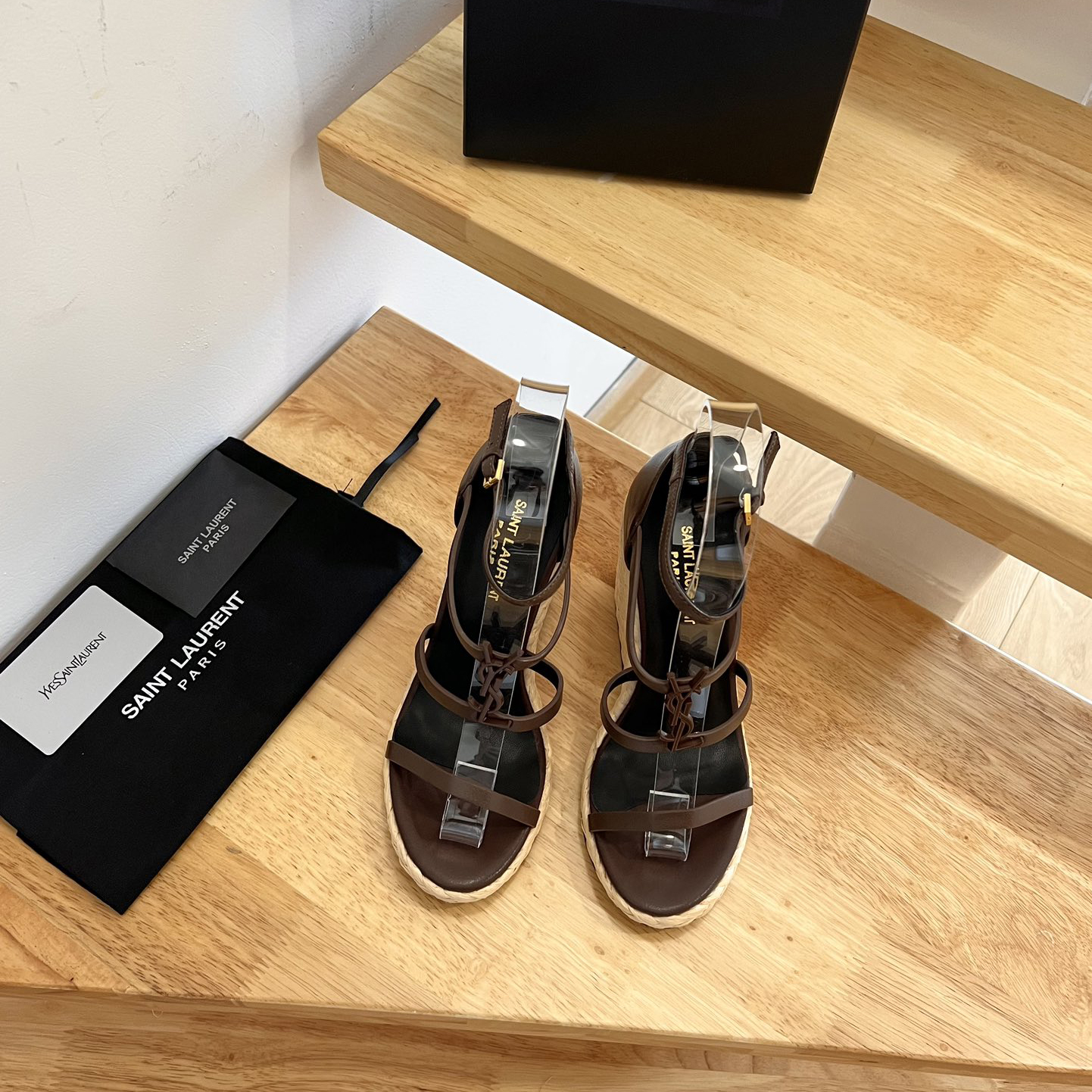 Saint Laurent Cassandra Wedge Espadrilles In Smooth Leather With Brown monogram - FashionPlug