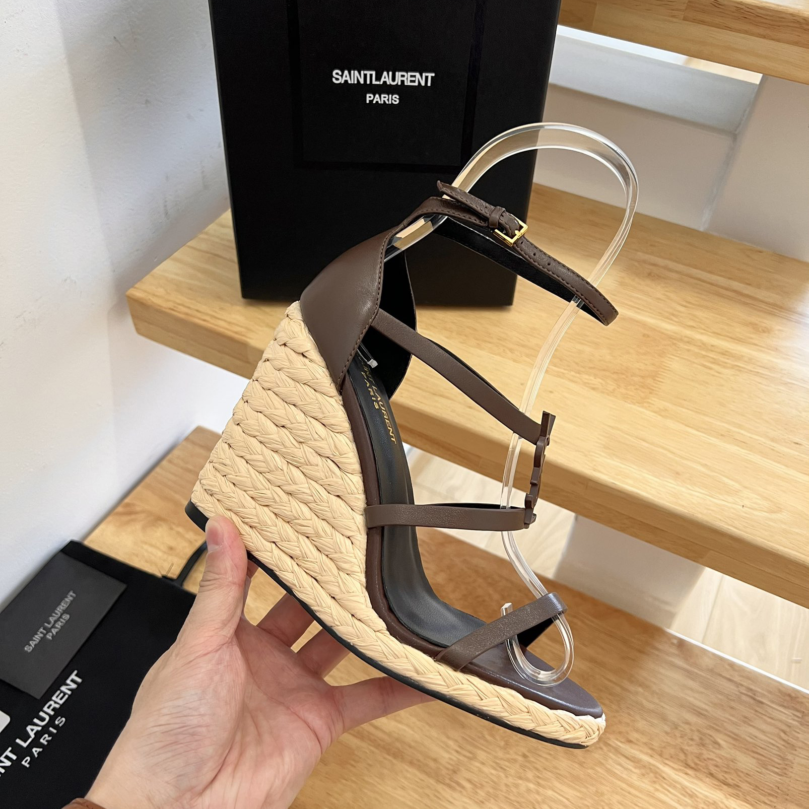 Saint Laurent Cassandra Wedge Espadrilles In Smooth Leather With Brown monogram - FashionPlug