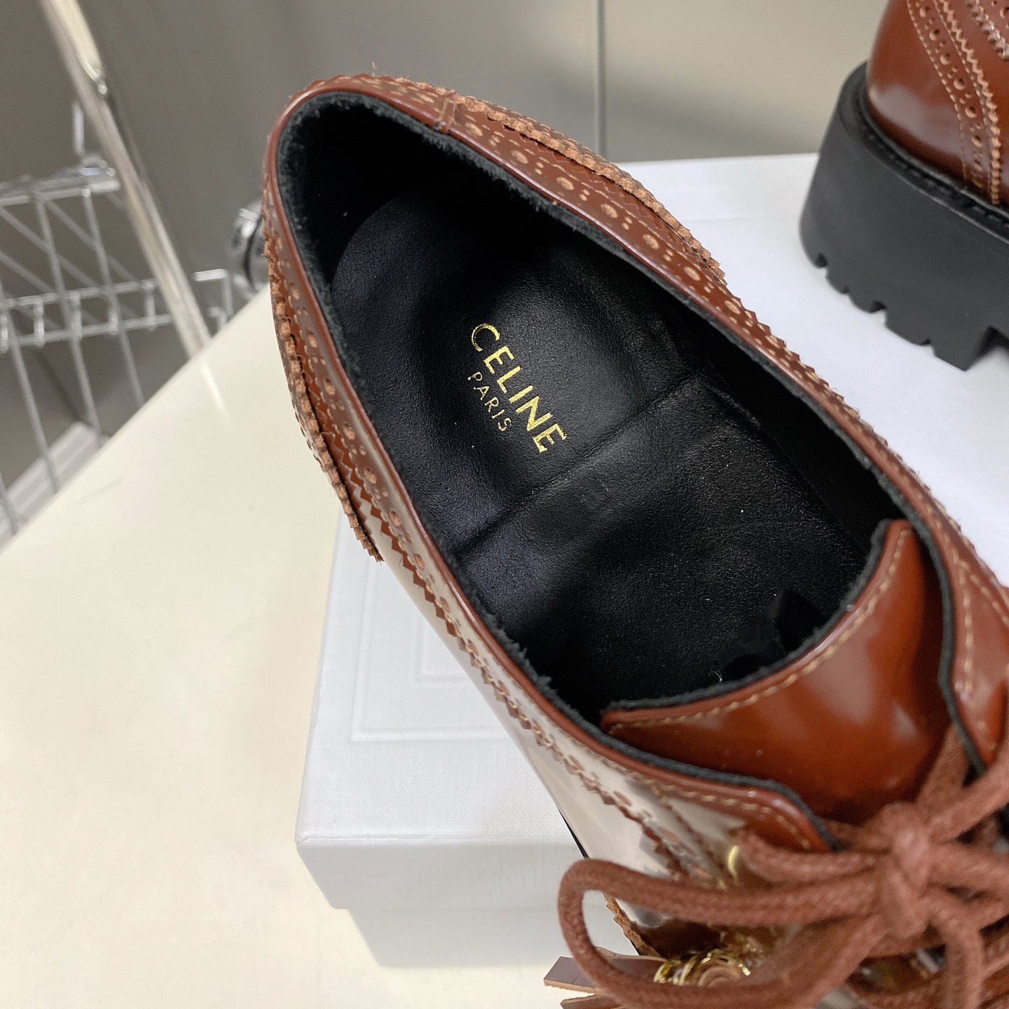 Celine Bulky Brogue Derby In Polished Bull - FashionPlug