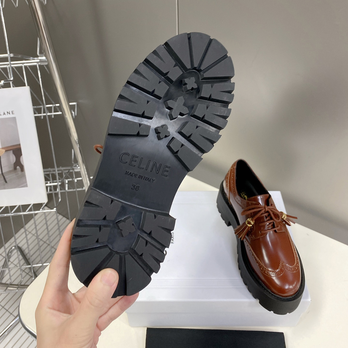 Celine Bulky Brogue Derby In Polished Bull - FashionPlug