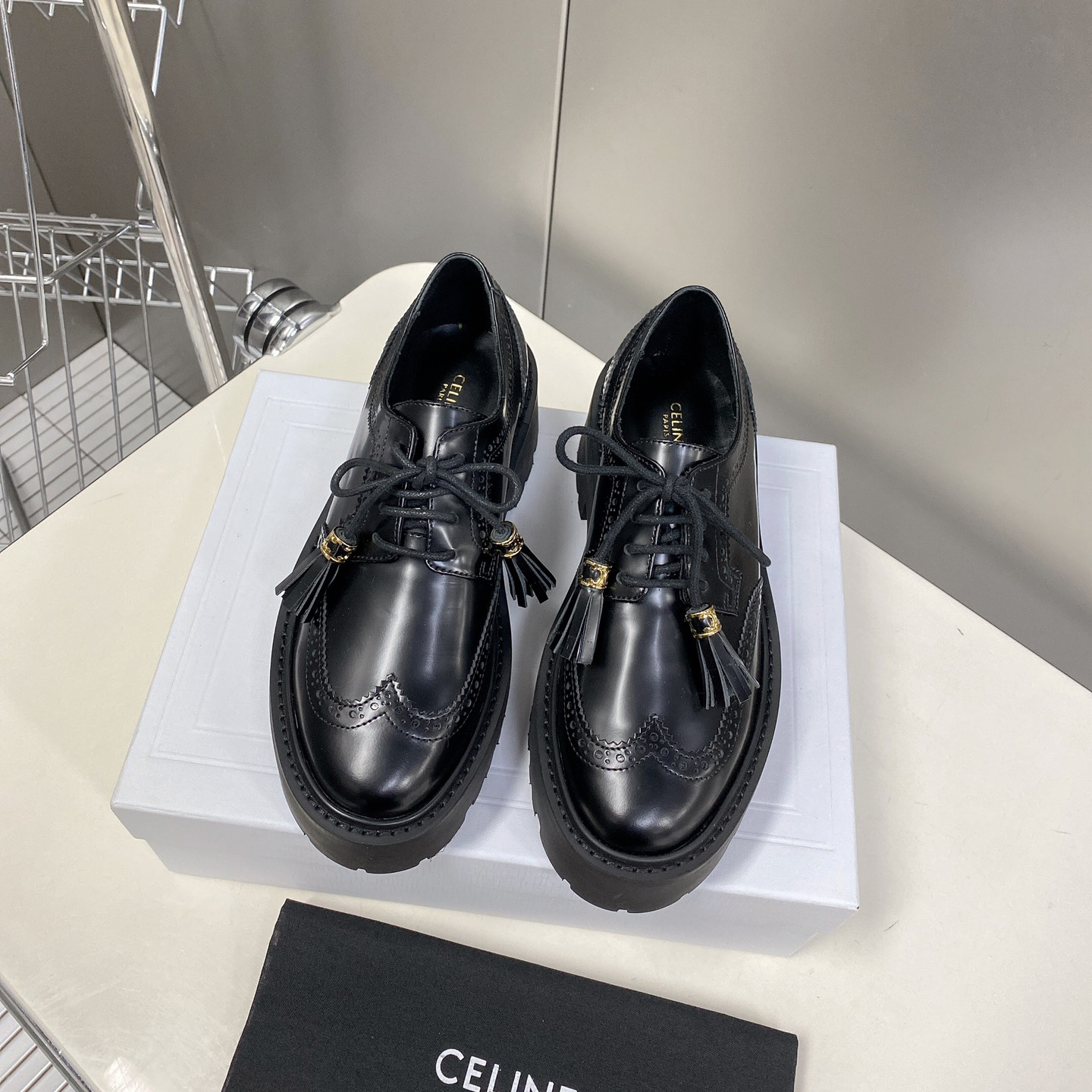 Celine Bulky Brogue Derby In Polished Bull - FashionPlug