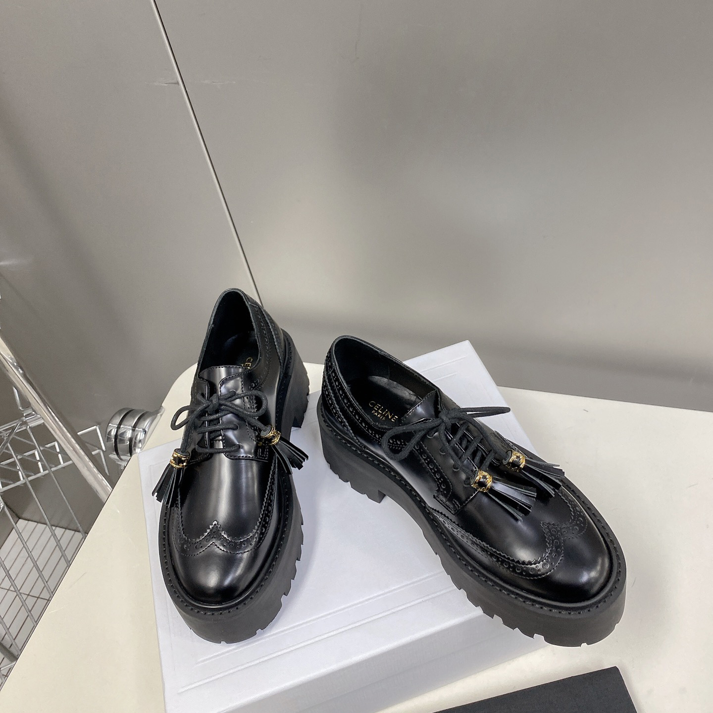 Celine Bulky Brogue Derby In Polished Bull - FashionPlug