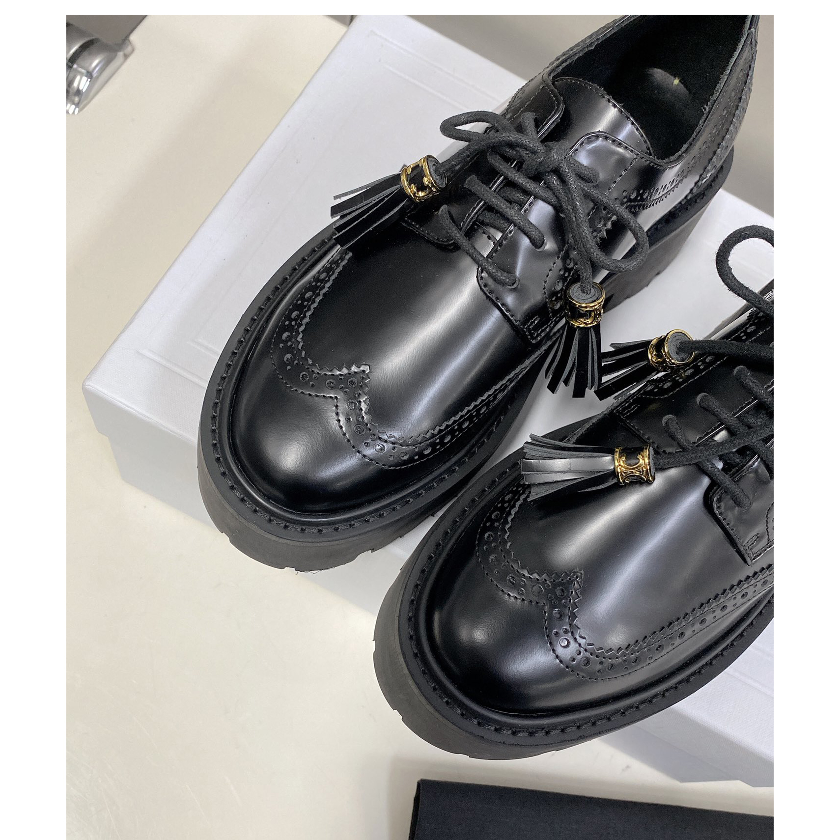 Celine Bulky Brogue Derby In Polished Bull - FashionPlug