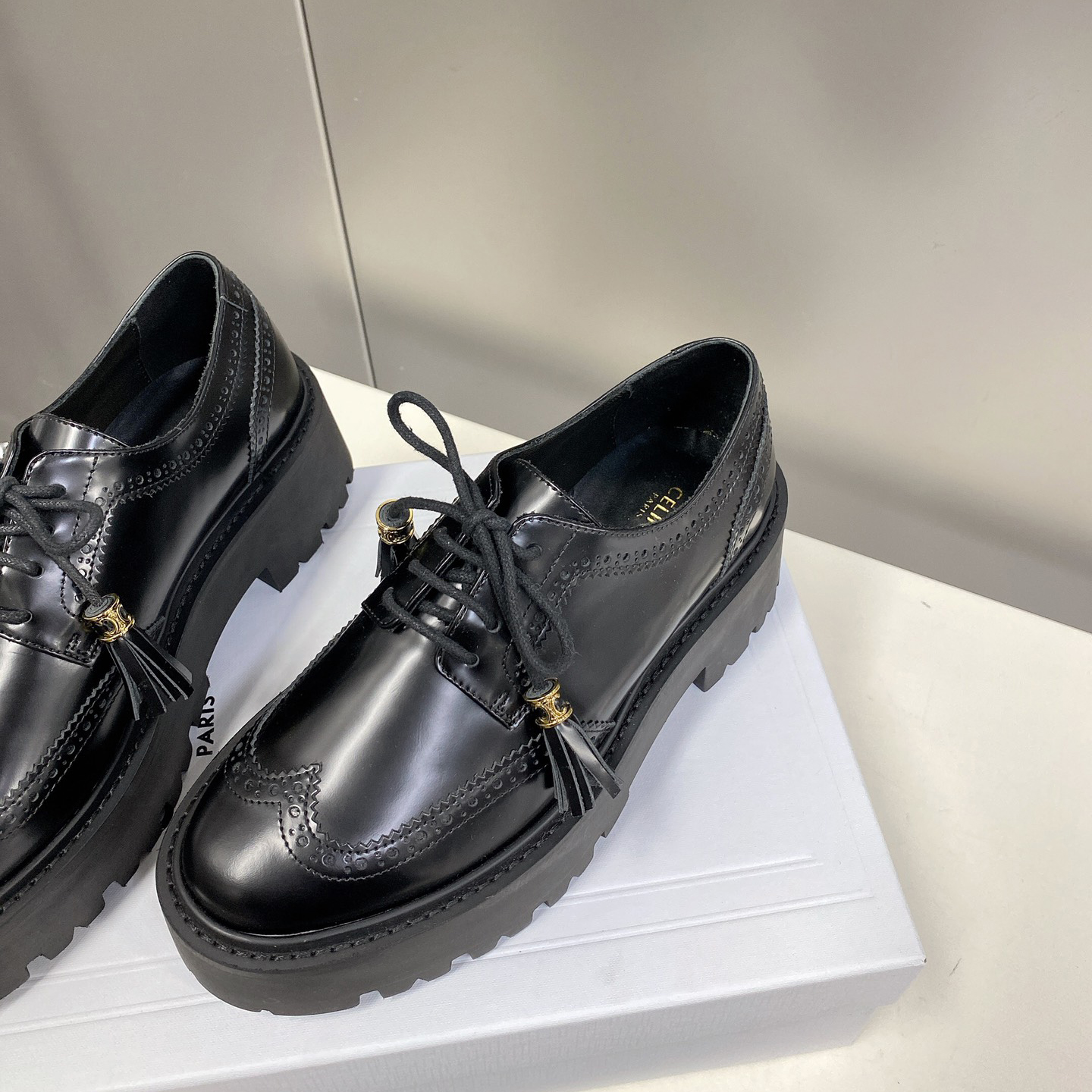 Celine Bulky Brogue Derby In Polished Bull - FashionPlug