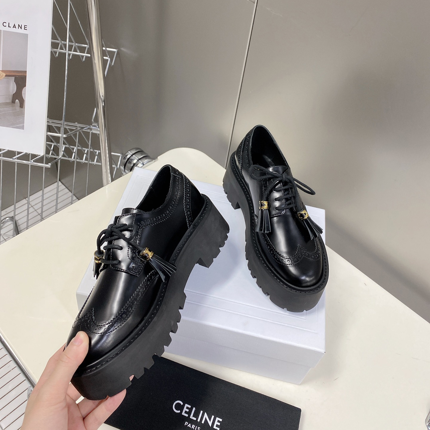 Celine Bulky Brogue Derby In Polished Bull - FashionPlug