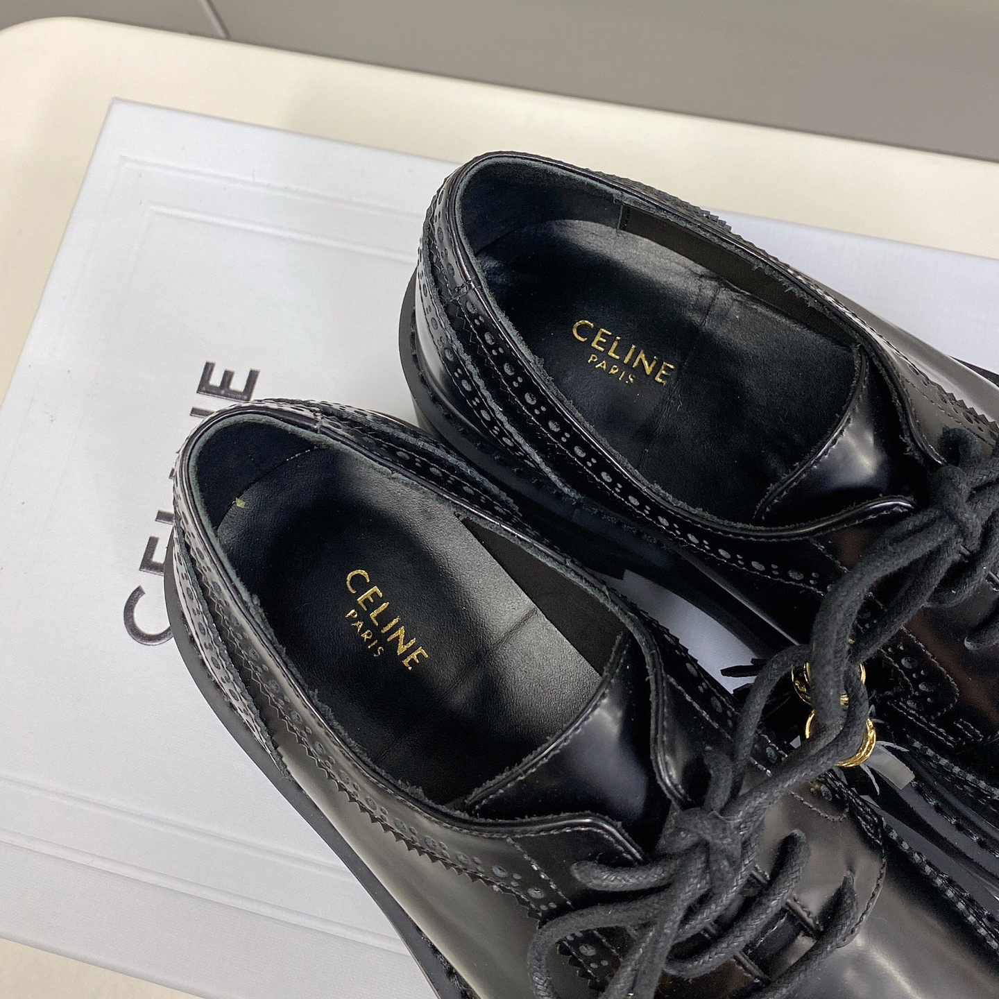 Celine Bulky Brogue Derby In Polished Bull - FashionPlug