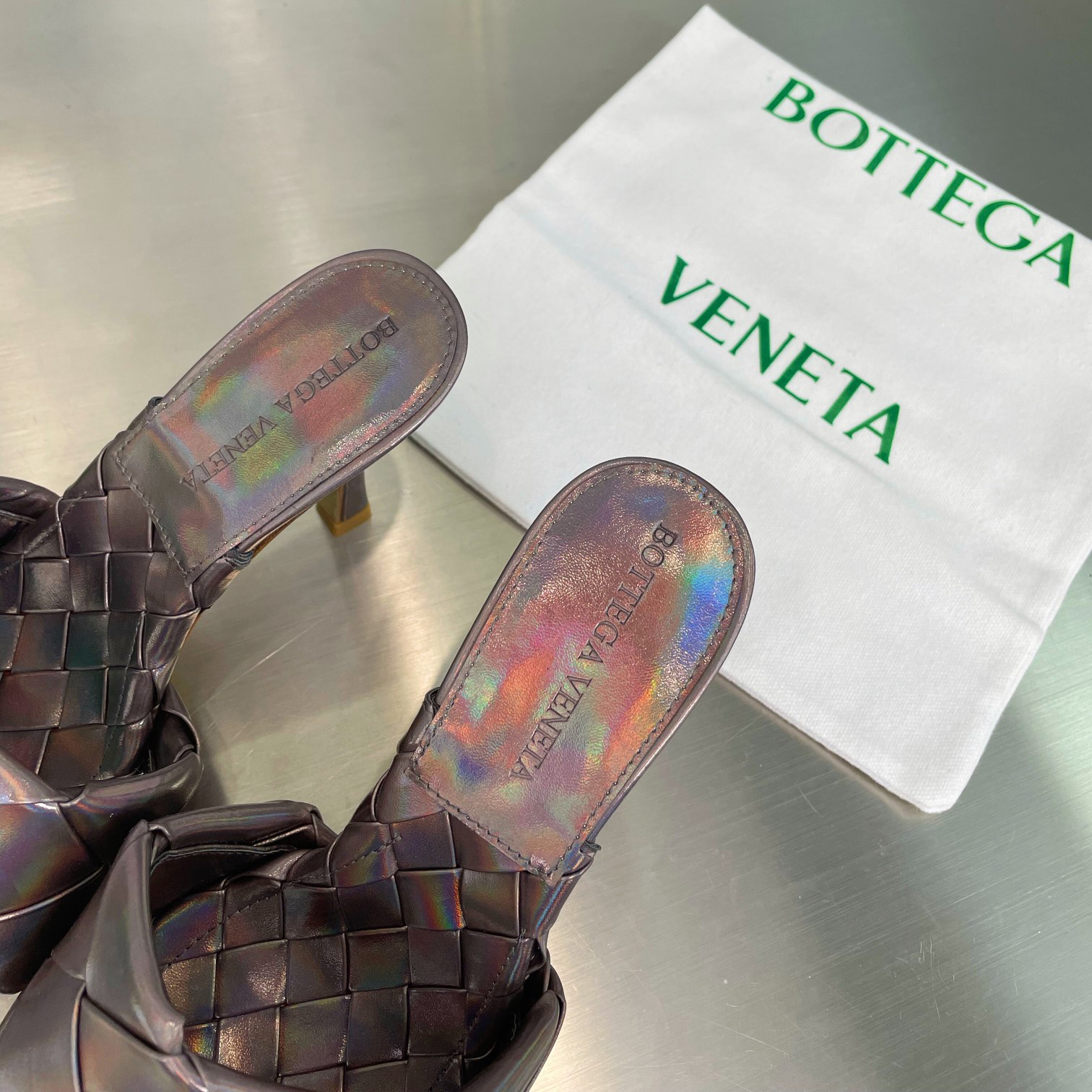 Bottega Veneta  Intreccio Metallized Leather Mules - FashionPlug