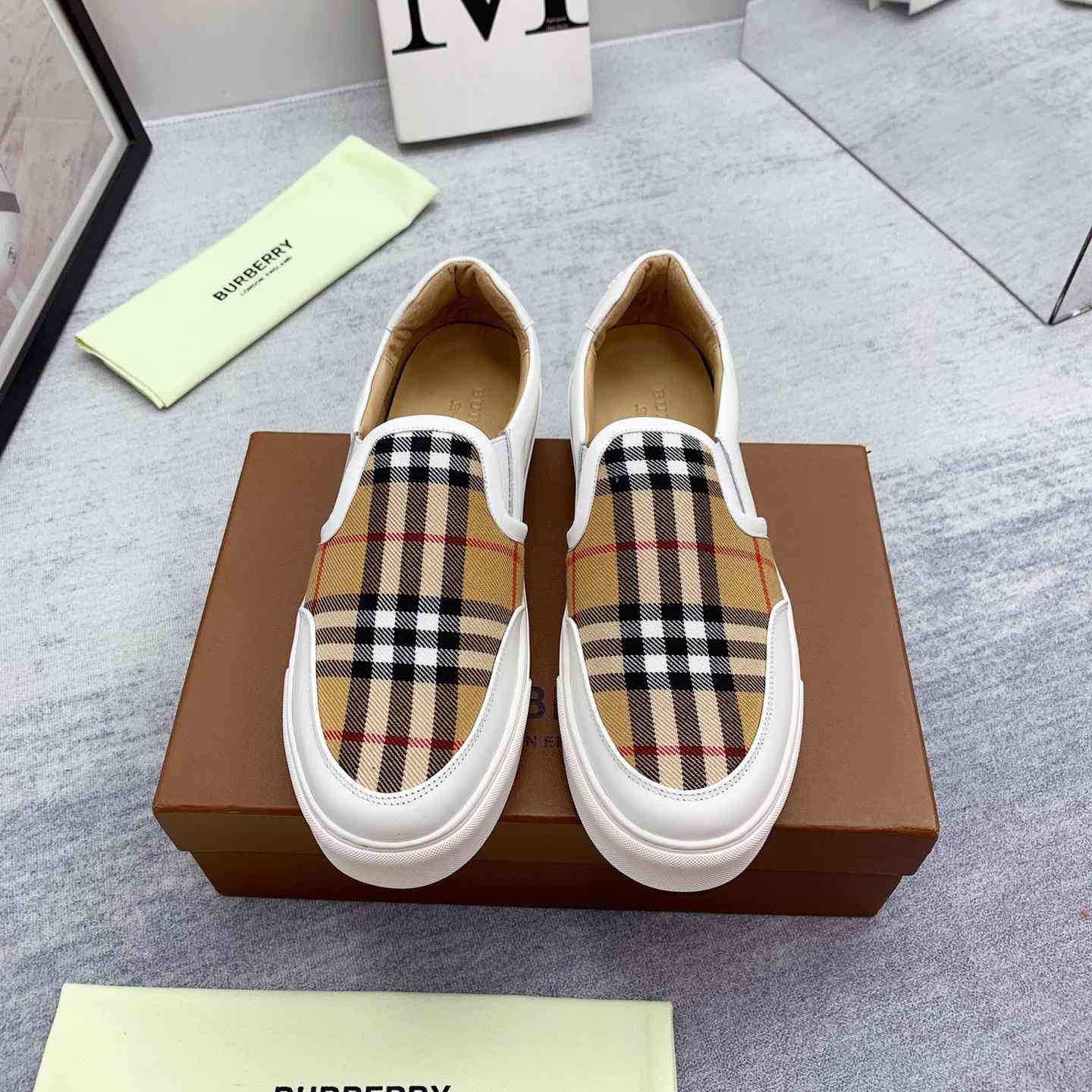 Burberry Leather And Vintage Check Slip-On Sneakers - FashionPlug