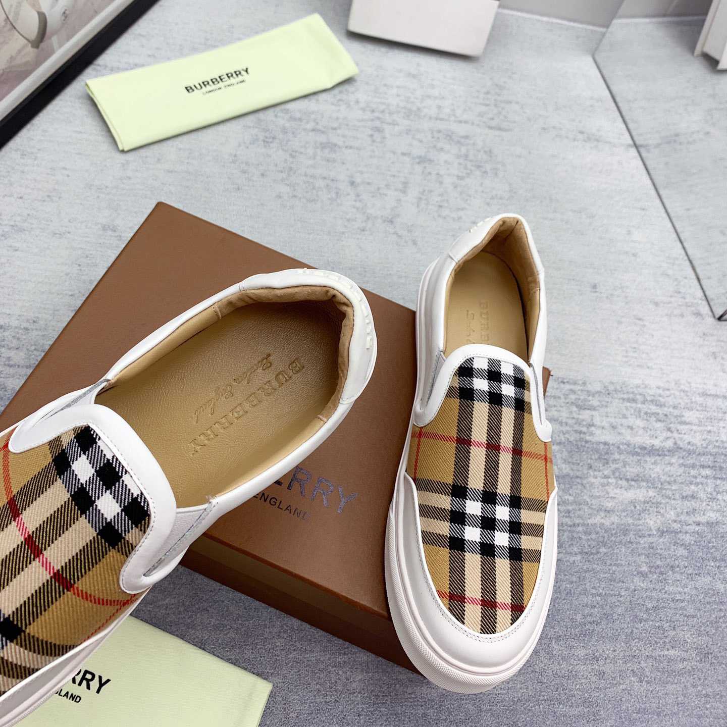 Burberry Leather And Vintage Check Slip-On Sneakers - FashionPlug
