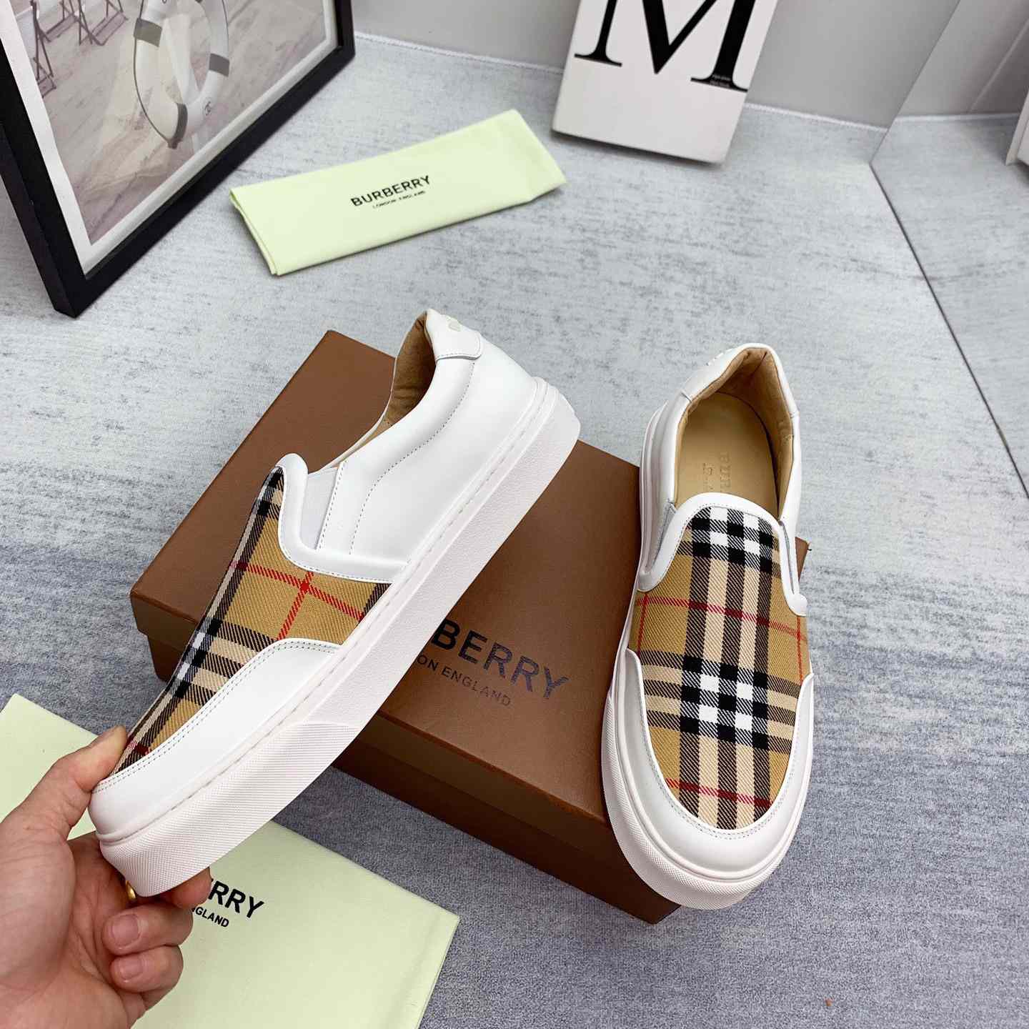 Burberry Leather And Vintage Check Slip-On Sneakers - FashionPlug
