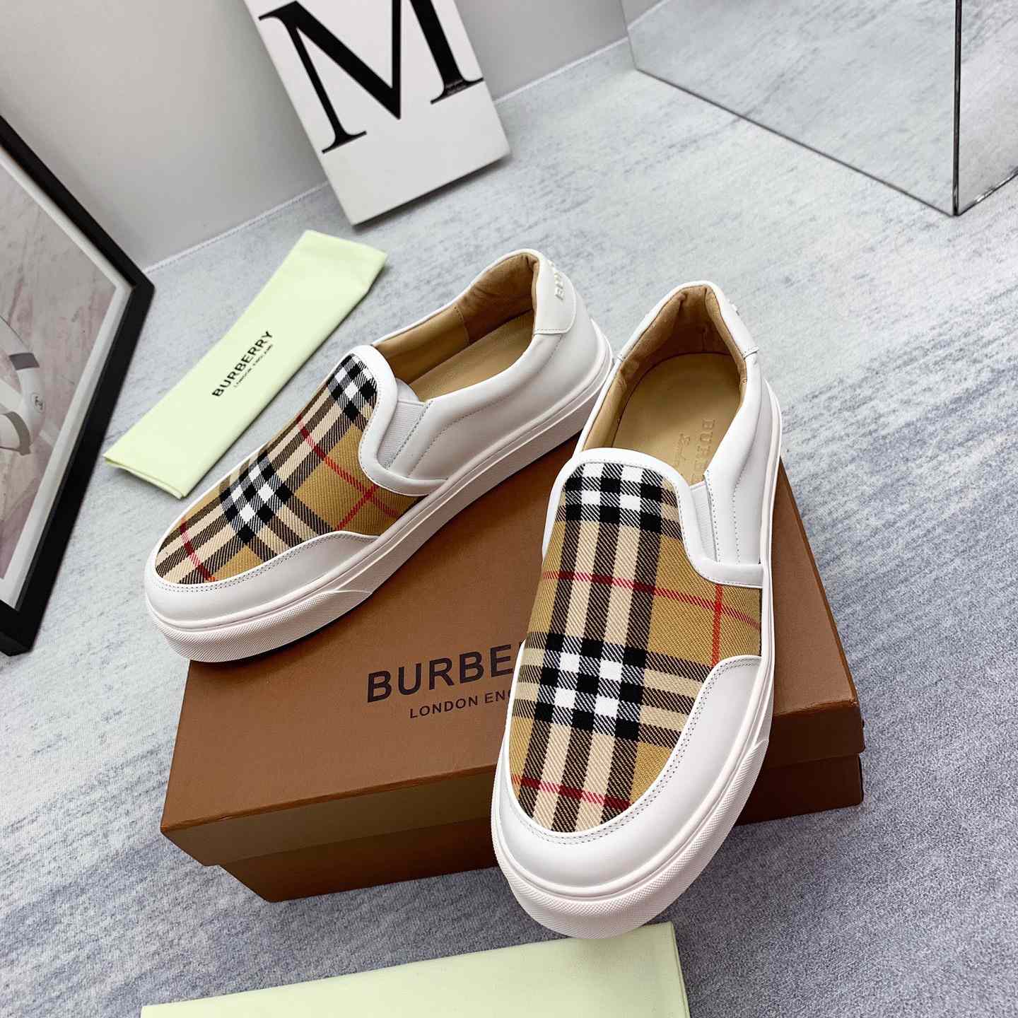 Burberry Leather And Vintage Check Slip-On Sneakers - FashionPlug