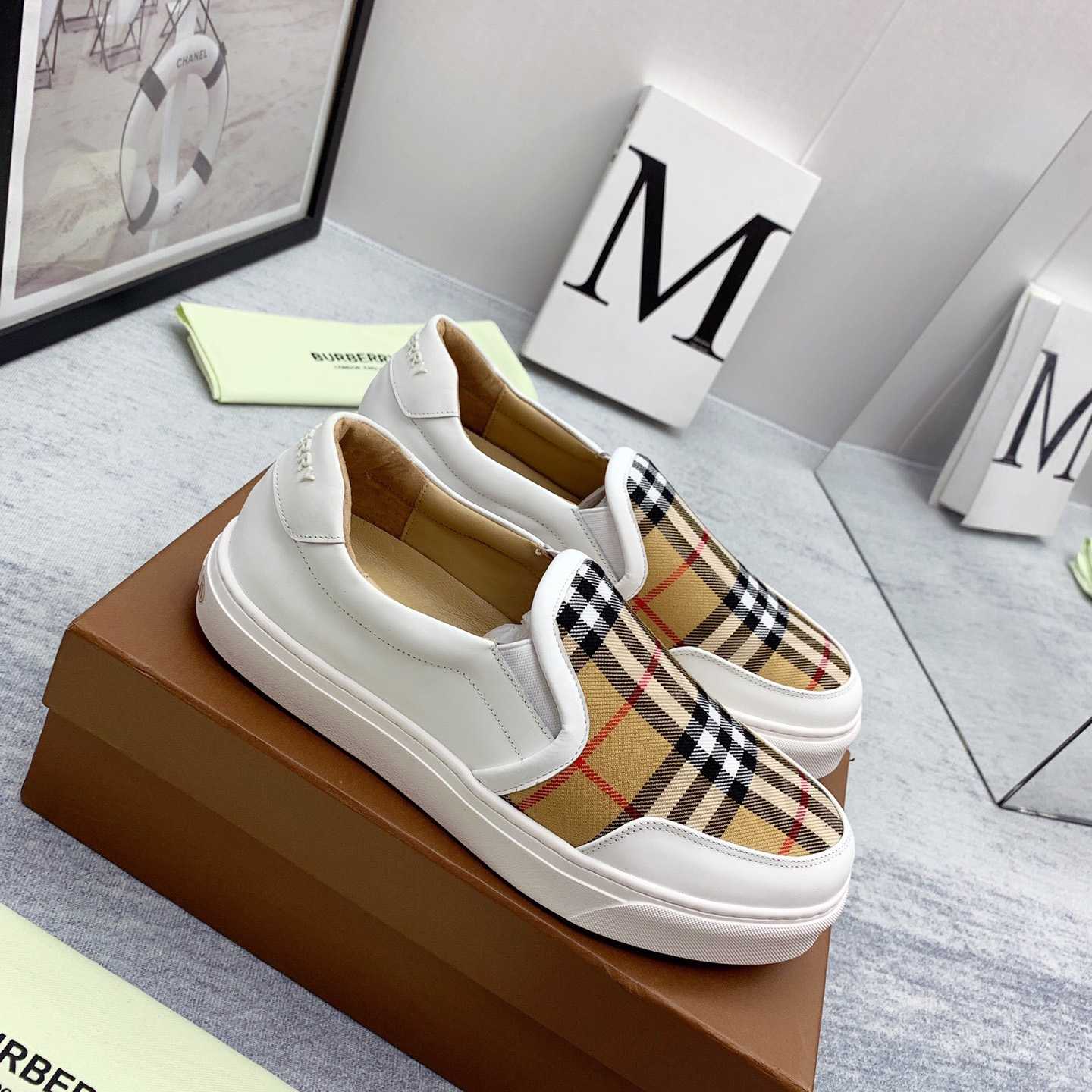 Burberry Leather And Vintage Check Slip-On Sneakers - FashionPlug