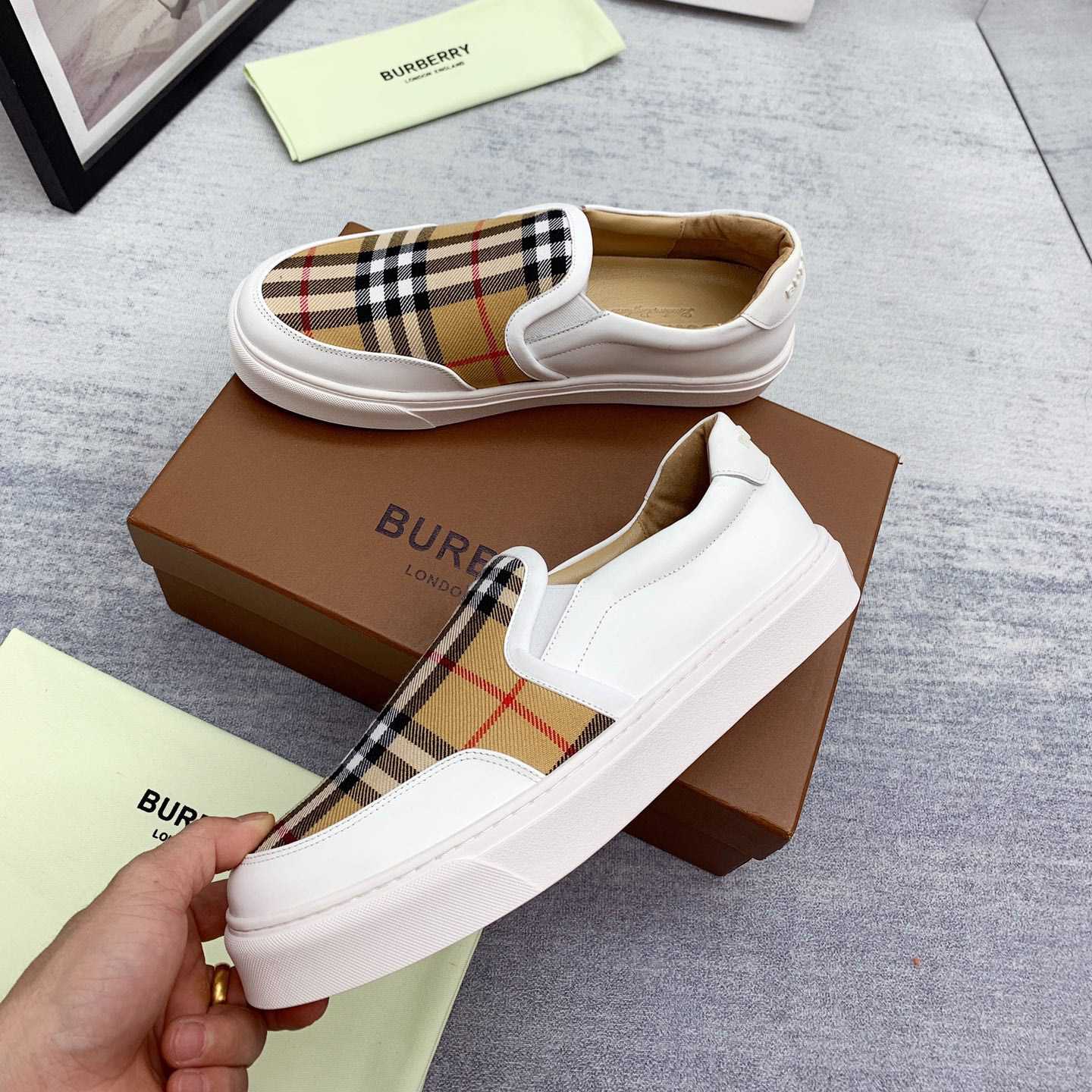 Burberry Leather And Vintage Check Slip-On Sneakers - FashionPlug