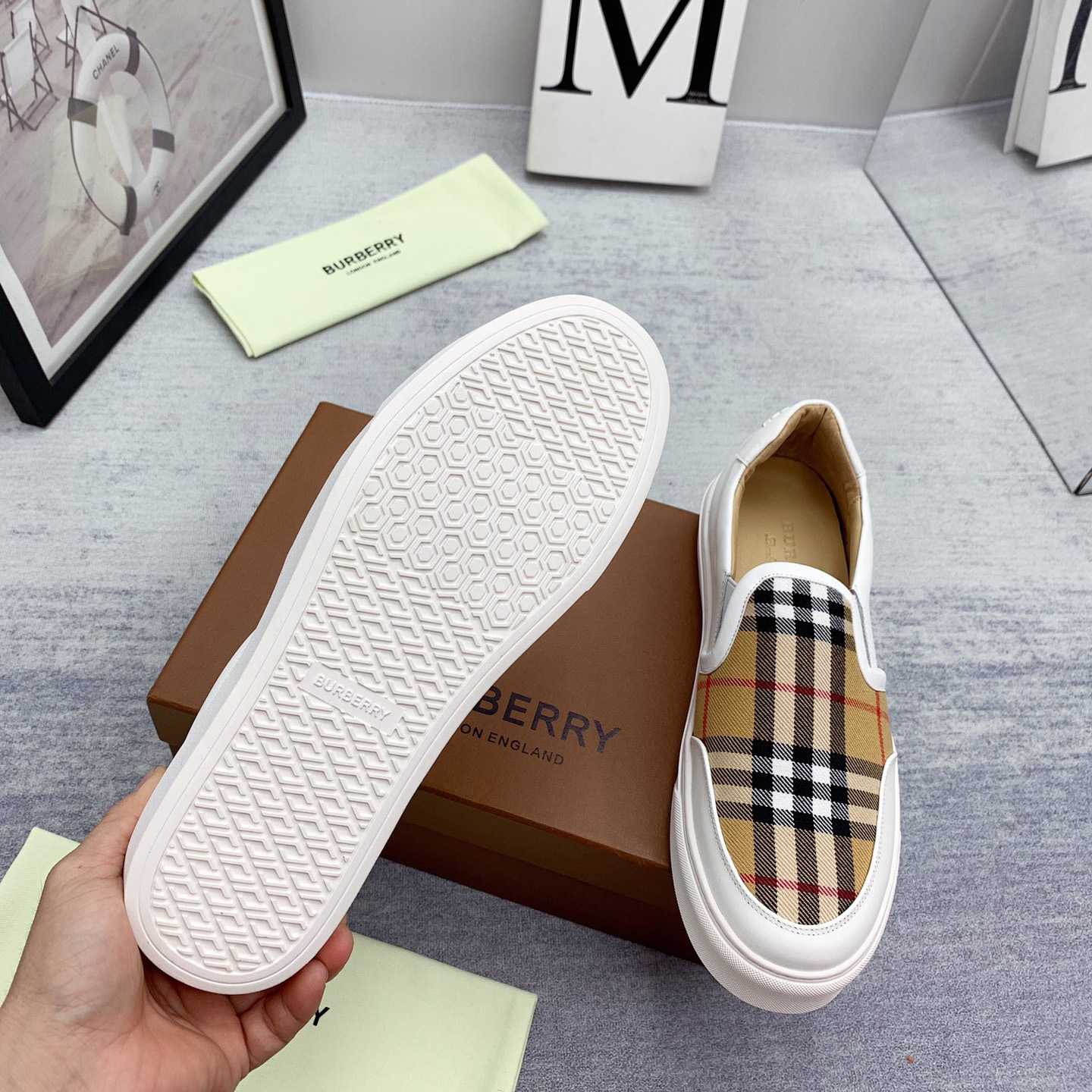 Burberry Leather And Vintage Check Slip-On Sneakers - FashionPlug