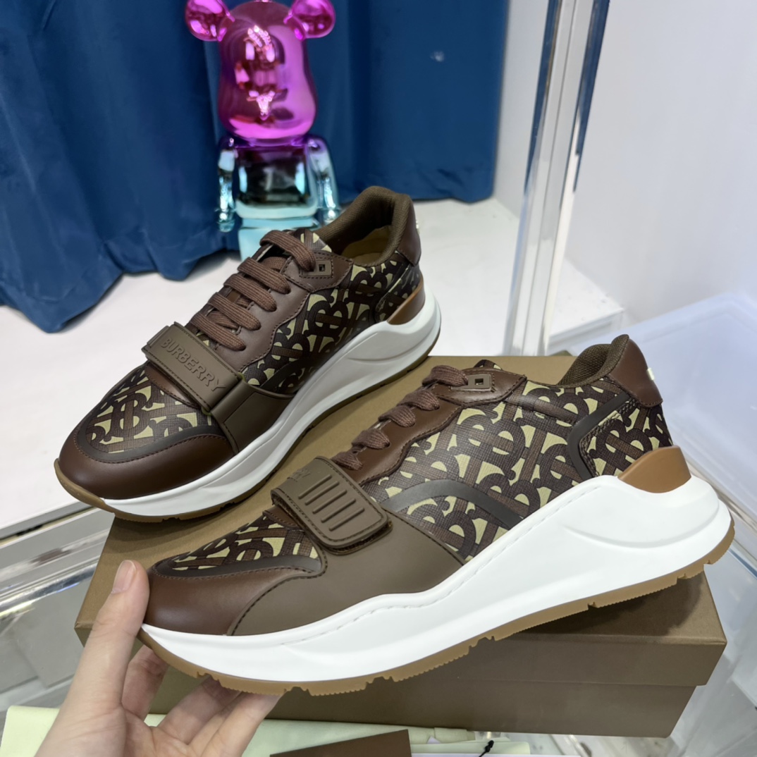 Burberry Monogram Nylon And Leather Sneakers - FashionPlug