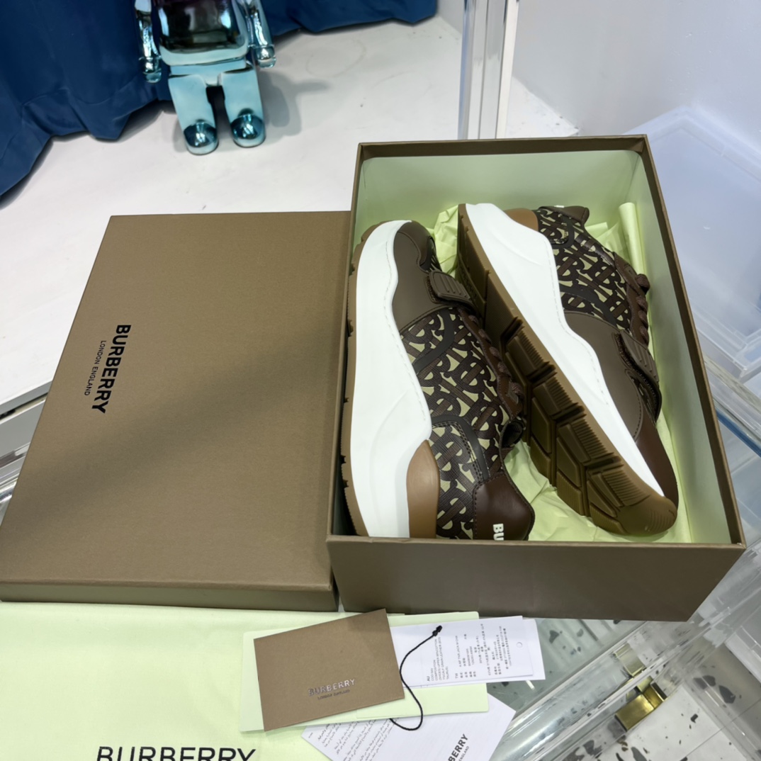Burberry Monogram Nylon And Leather Sneakers - FashionPlug