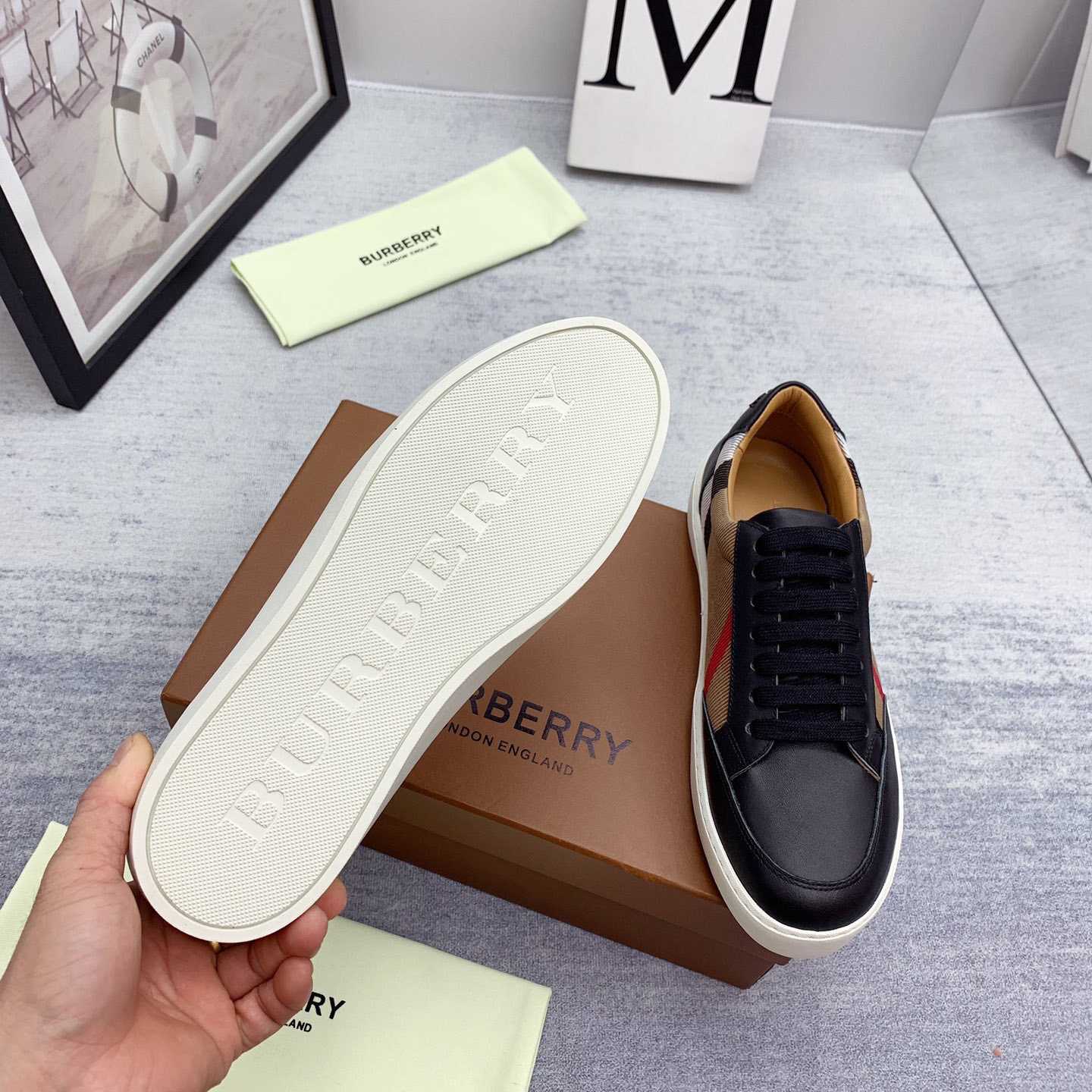 Burberry House Check Cotton And Leather Sneakers - FashionPlug