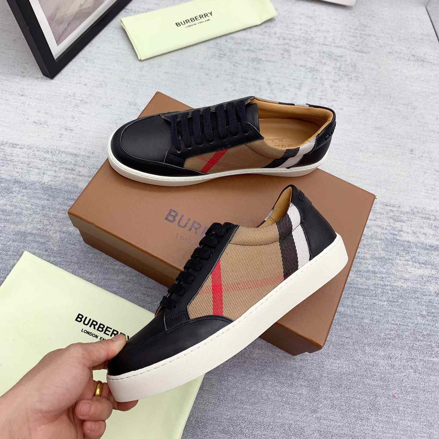 Burberry House Check Cotton And Leather Sneakers - FashionPlug