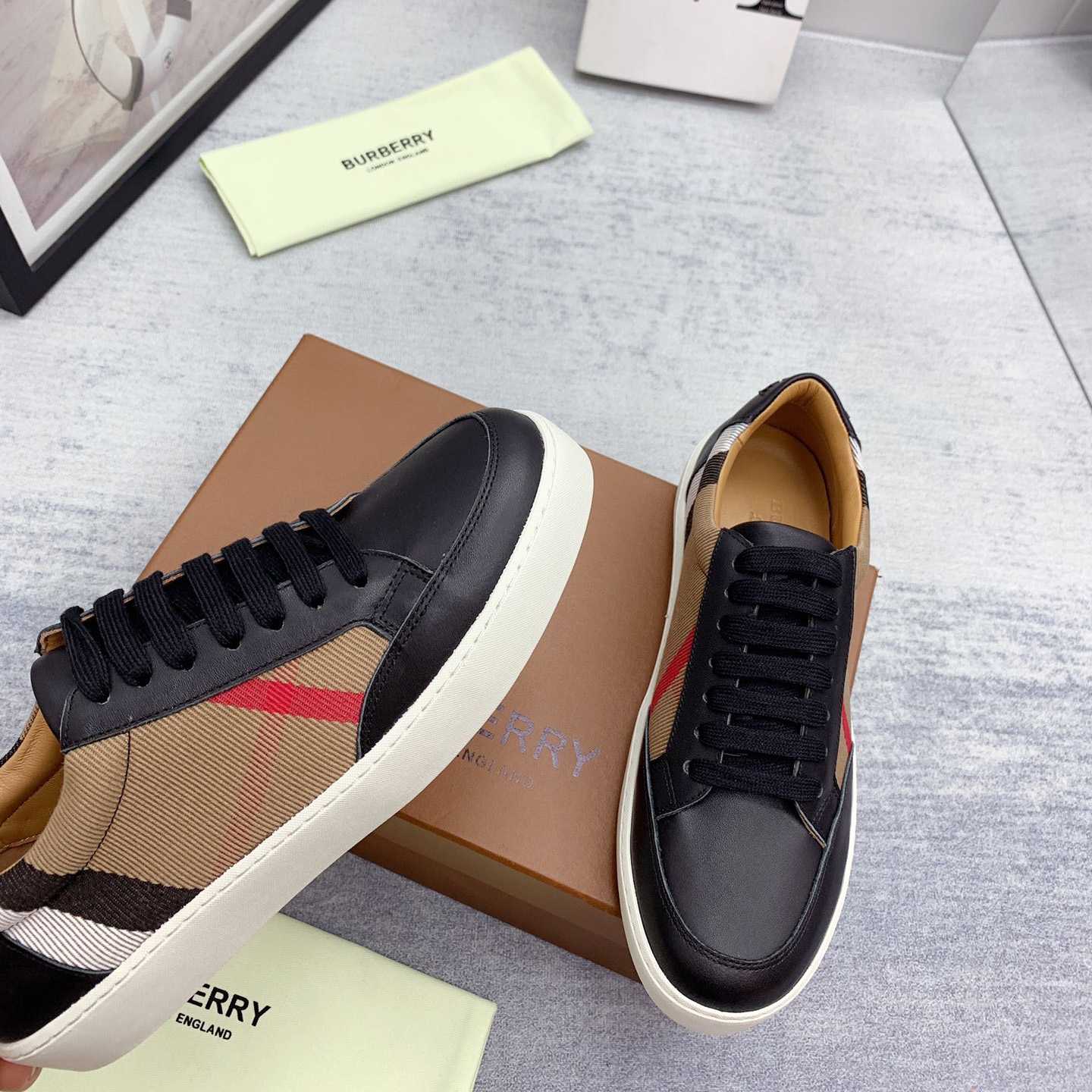 Burberry House Check Cotton And Leather Sneakers - FashionPlug