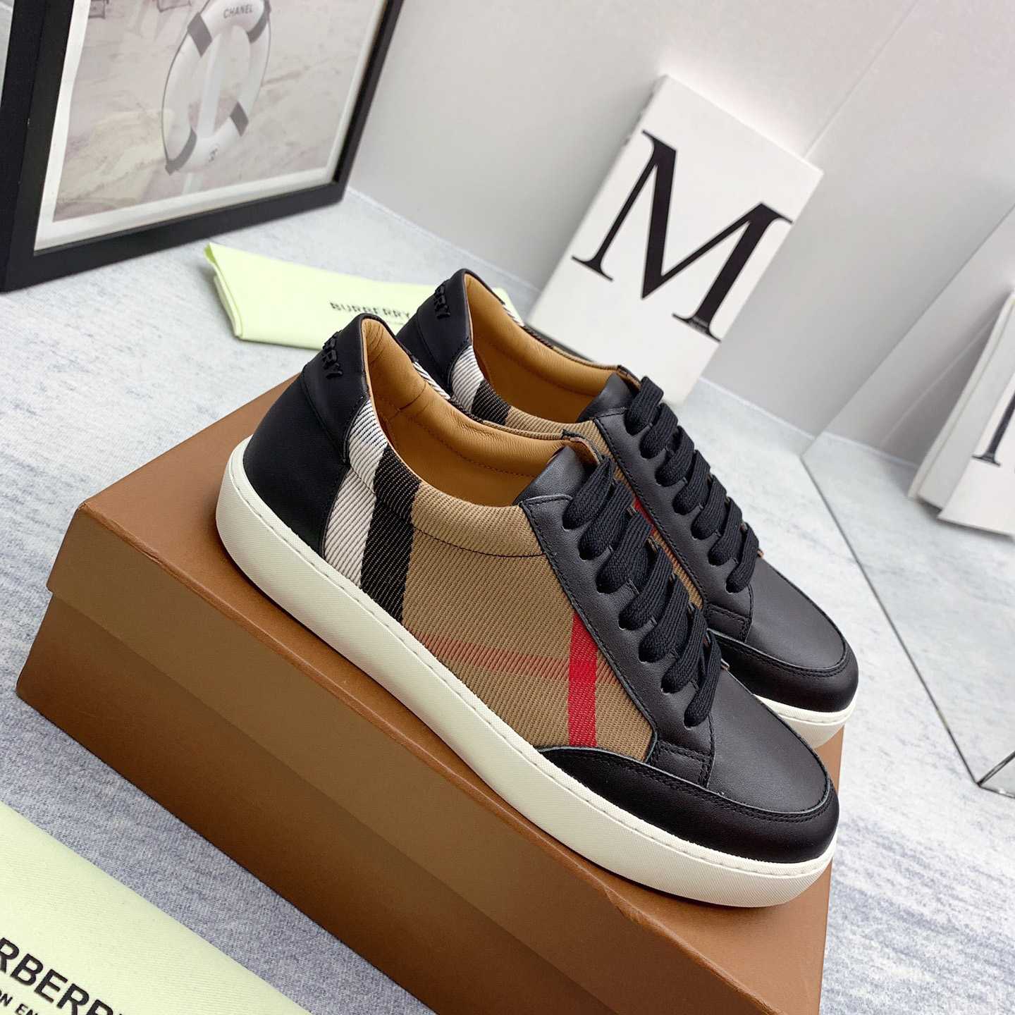 Burberry House Check Cotton And Leather Sneakers - FashionPlug
