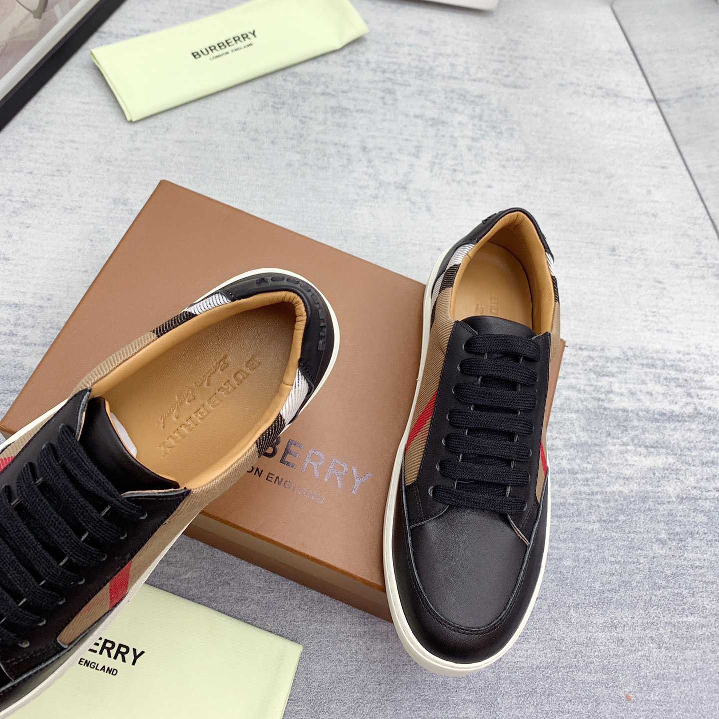 Burberry House Check Cotton And Leather Sneakers - FashionPlug