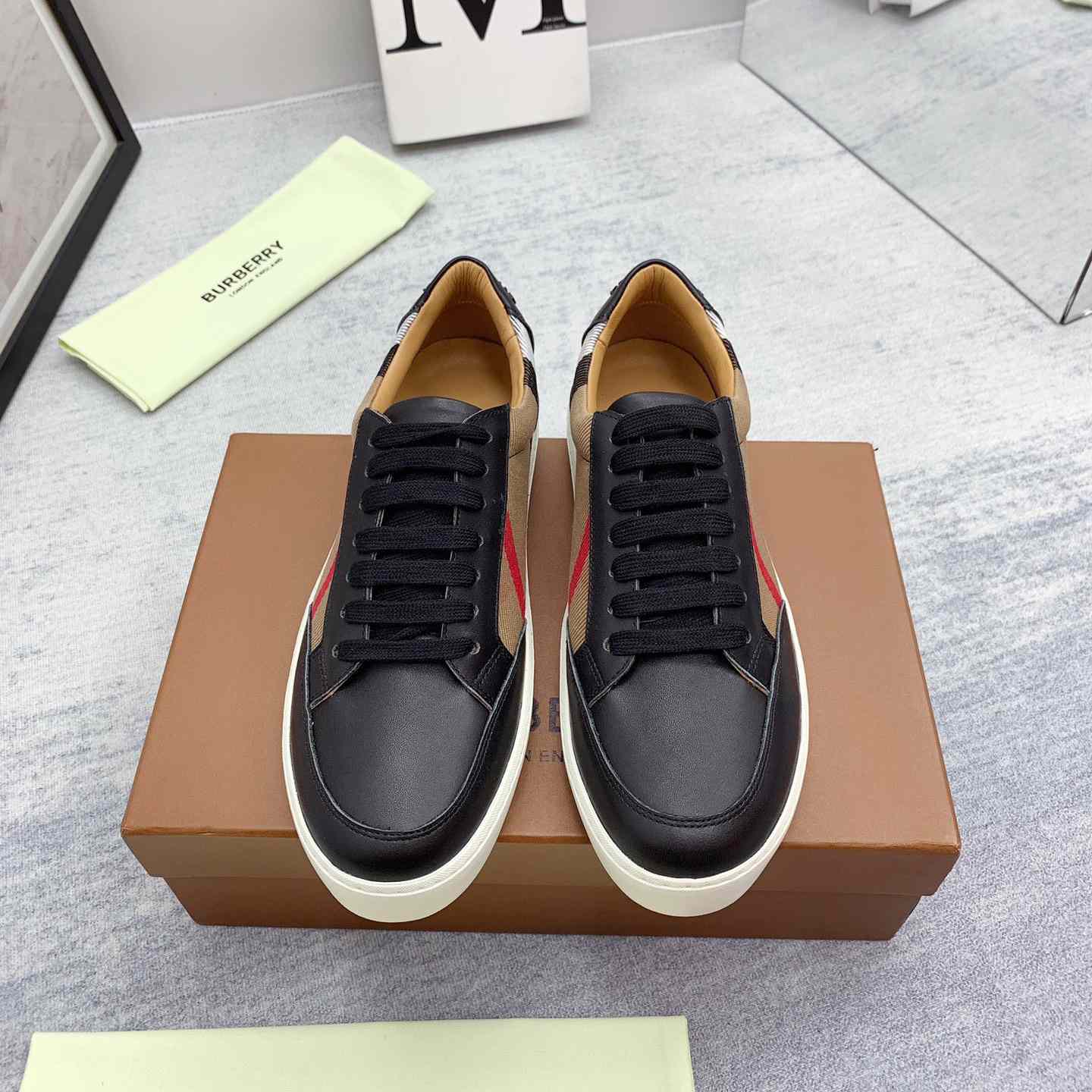 Burberry House Check Cotton And Leather Sneakers - FashionPlug