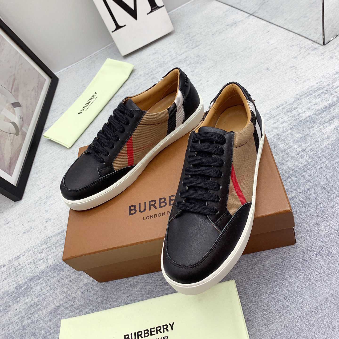 Burberry House Check Cotton And Leather Sneakers - FashionPlug