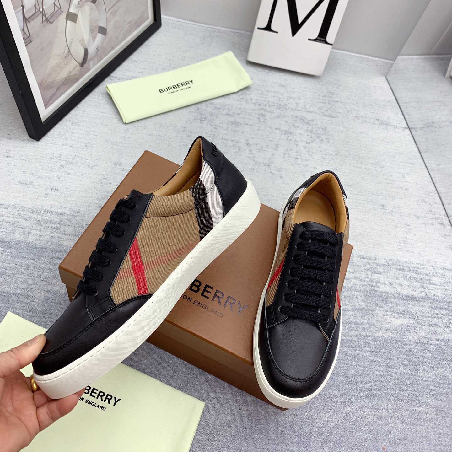 Burberry House Check Cotton And Leather Sneakers - FashionPlug