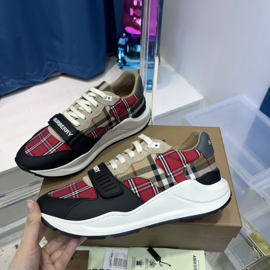 Burberry Leather And Vintage Check Cotton Sneakers - FashionPlug