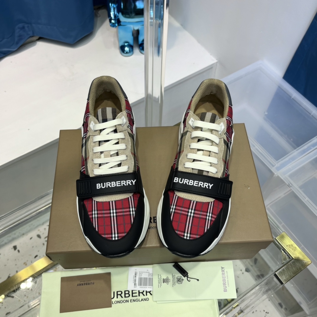 Burberry Leather And Vintage Check Cotton Sneakers - FashionPlug