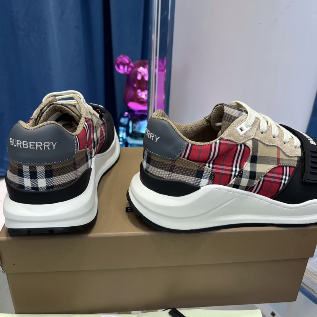 Burberry Leather And Vintage Check Cotton Sneakers - FashionPlug