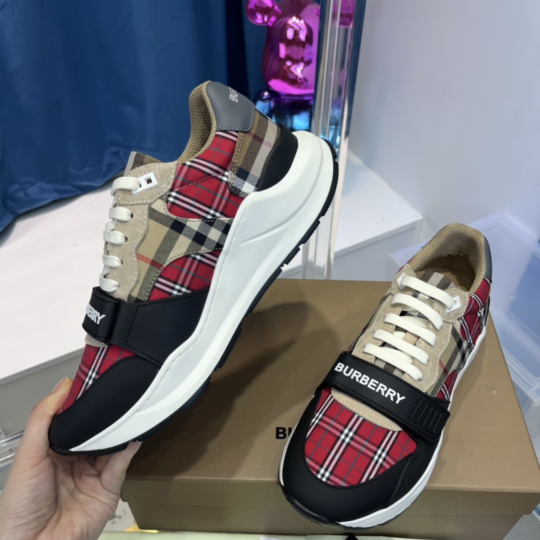 Burberry Leather And Vintage Check Cotton Sneakers - FashionPlug