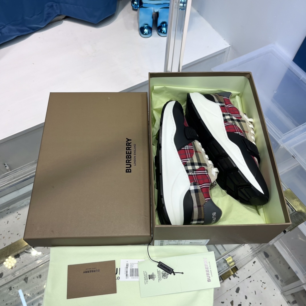 Burberry Leather And Vintage Check Cotton Sneakers - FashionPlug