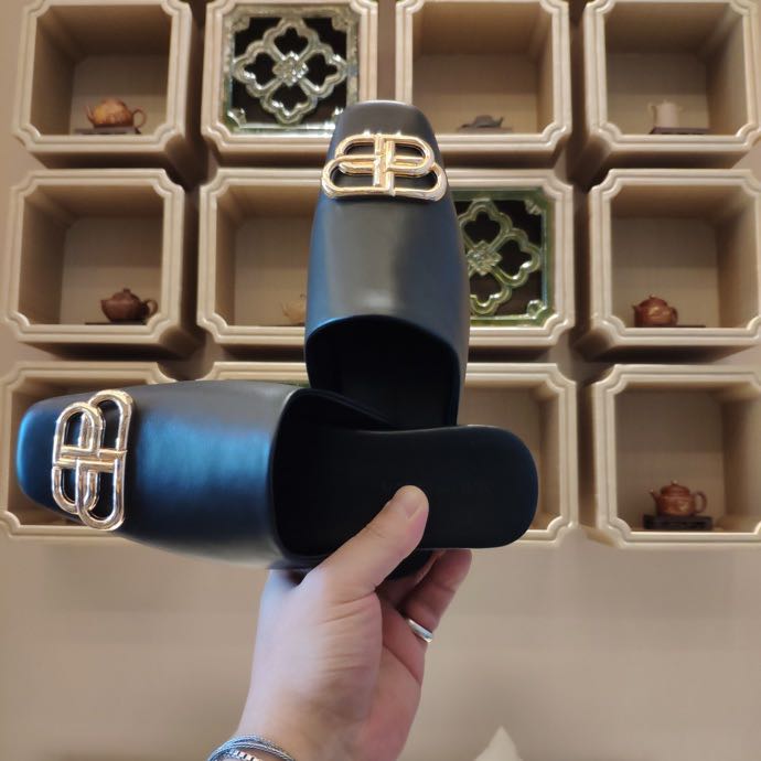 Balenciaga Cosy BB Slide In Black Smooth Calfskin, Aged-Gold Hardware - FashionPlug