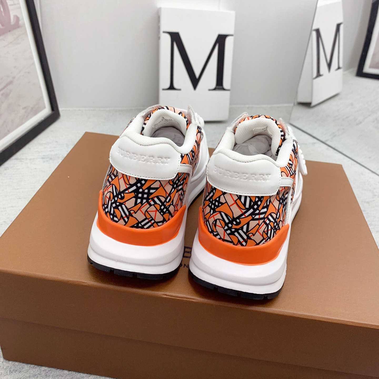 Burberry Monogram Print Linen Nylon And Leather Sneakers - FashionPlug