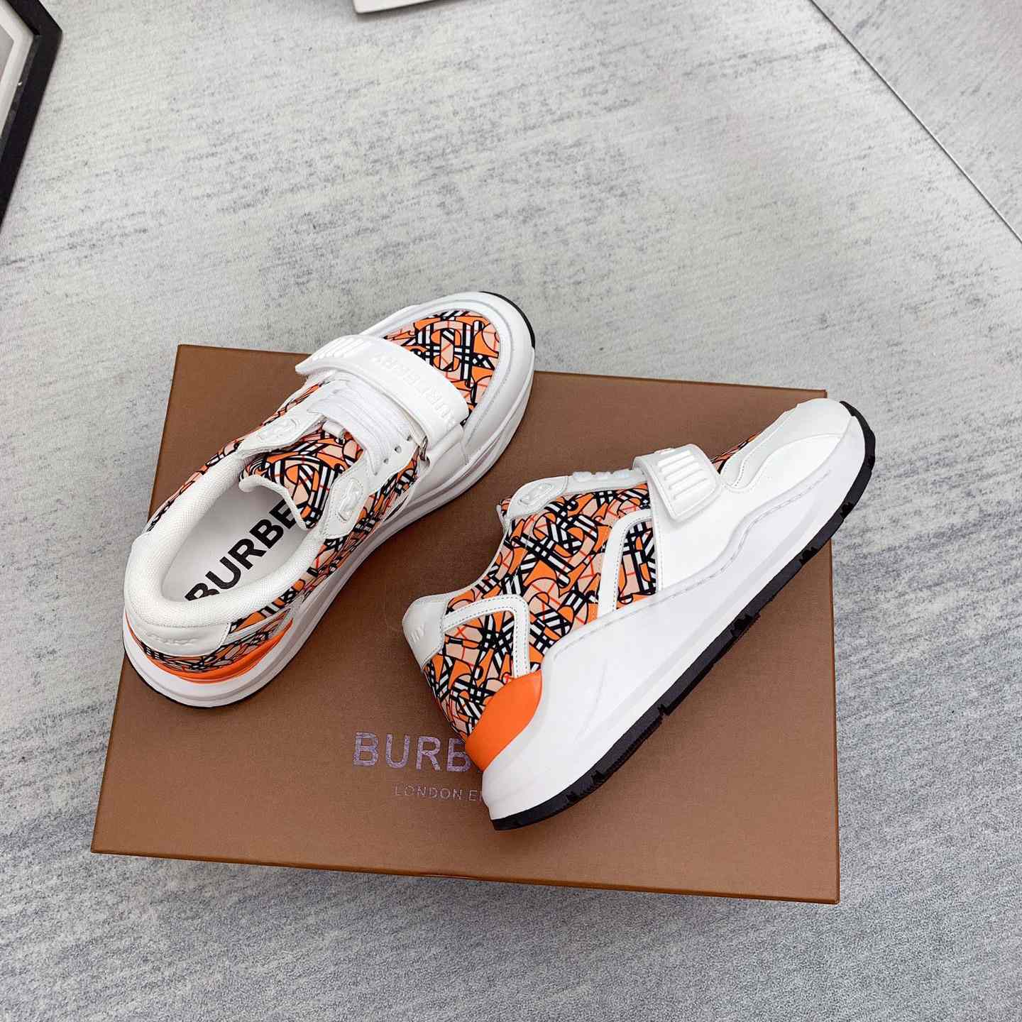 Burberry Monogram Print Linen Nylon And Leather Sneakers - FashionPlug