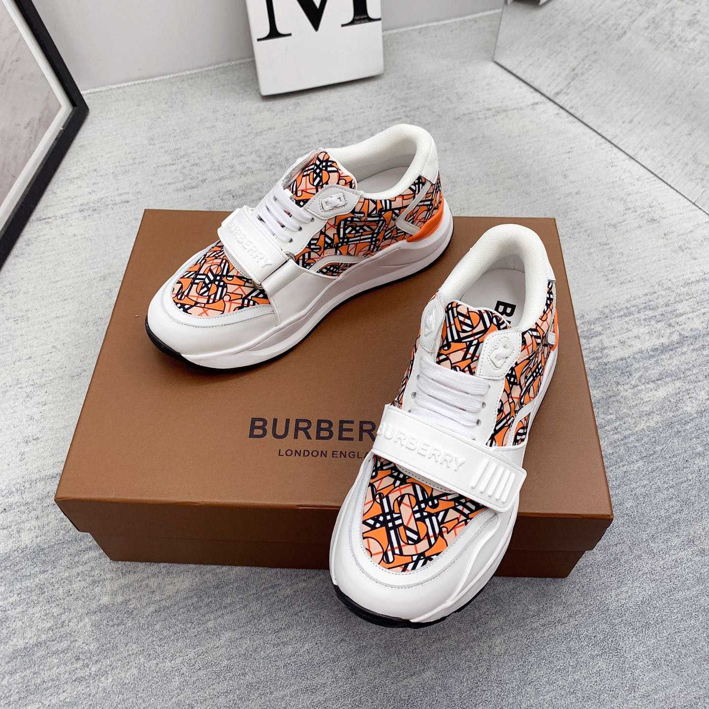 Burberry Monogram Print Linen Nylon And Leather Sneakers - FashionPlug