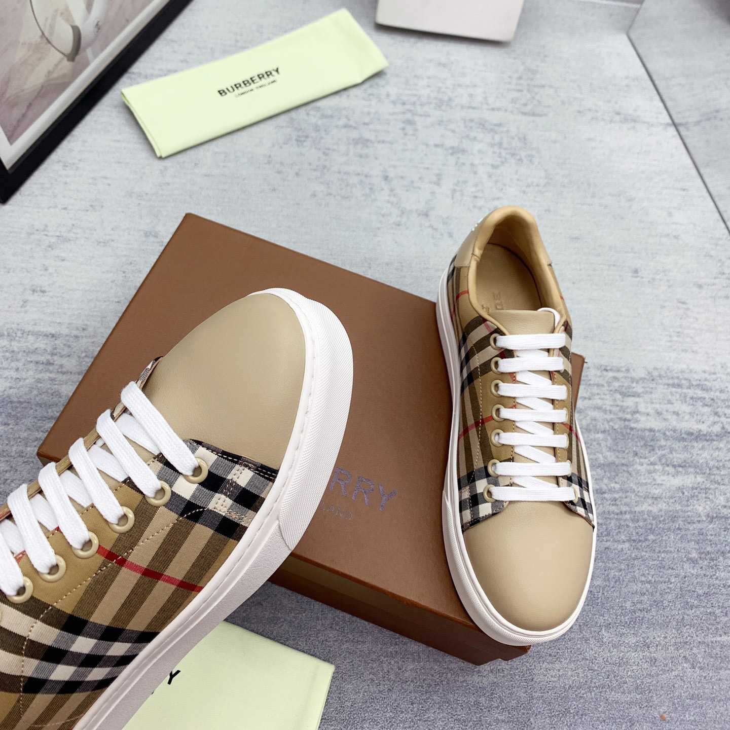 Burberry Vintage Check and Leather Sneakers - FashionPlug