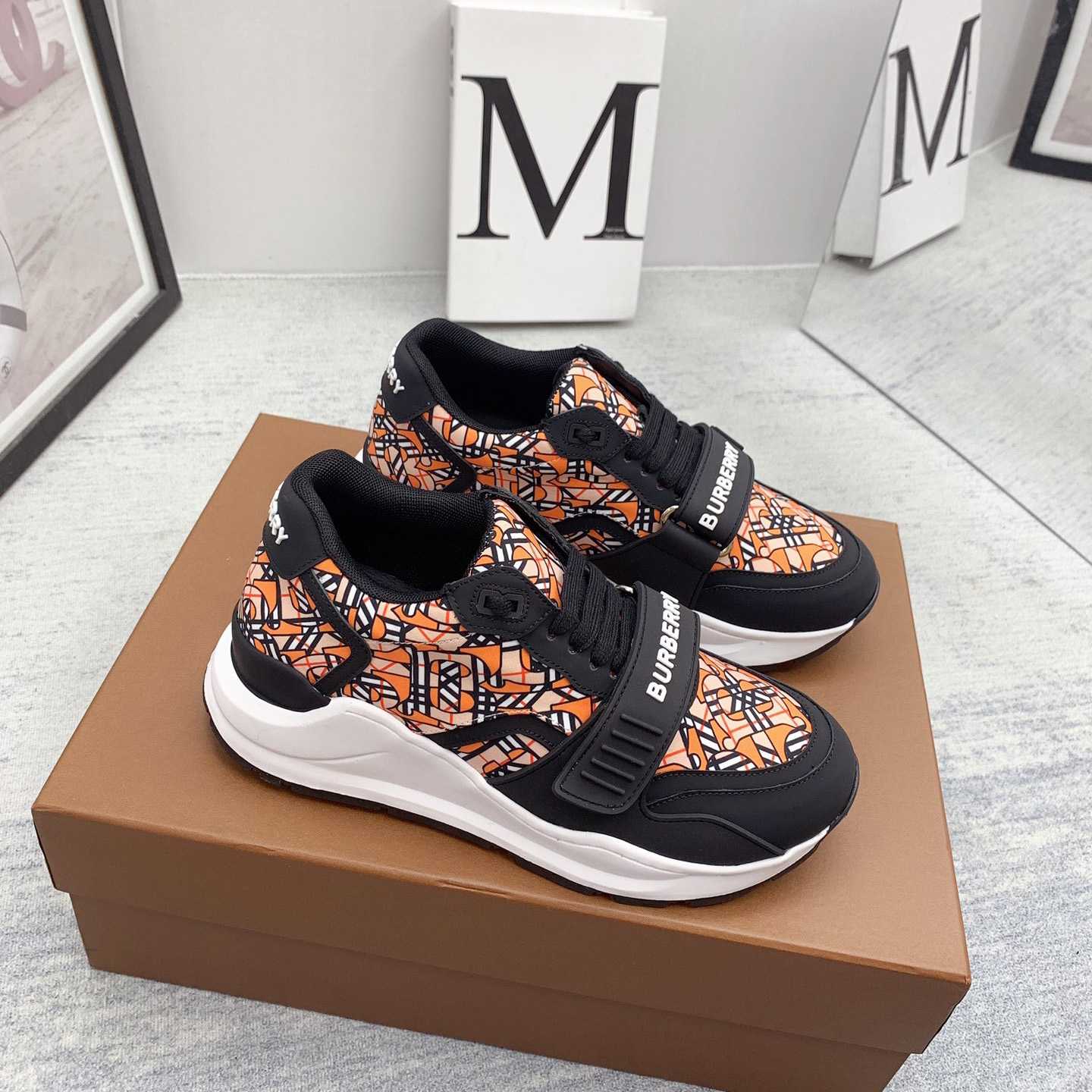 Burberry Monogram Print Linen Nylon And Leather Sneakers - FashionPlug