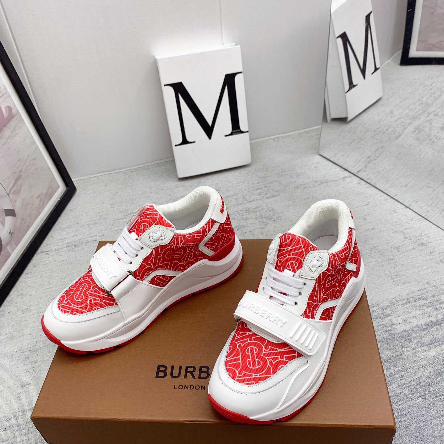 Burberry Monogram Print Nylon And Leather Sneakers - FashionPlug