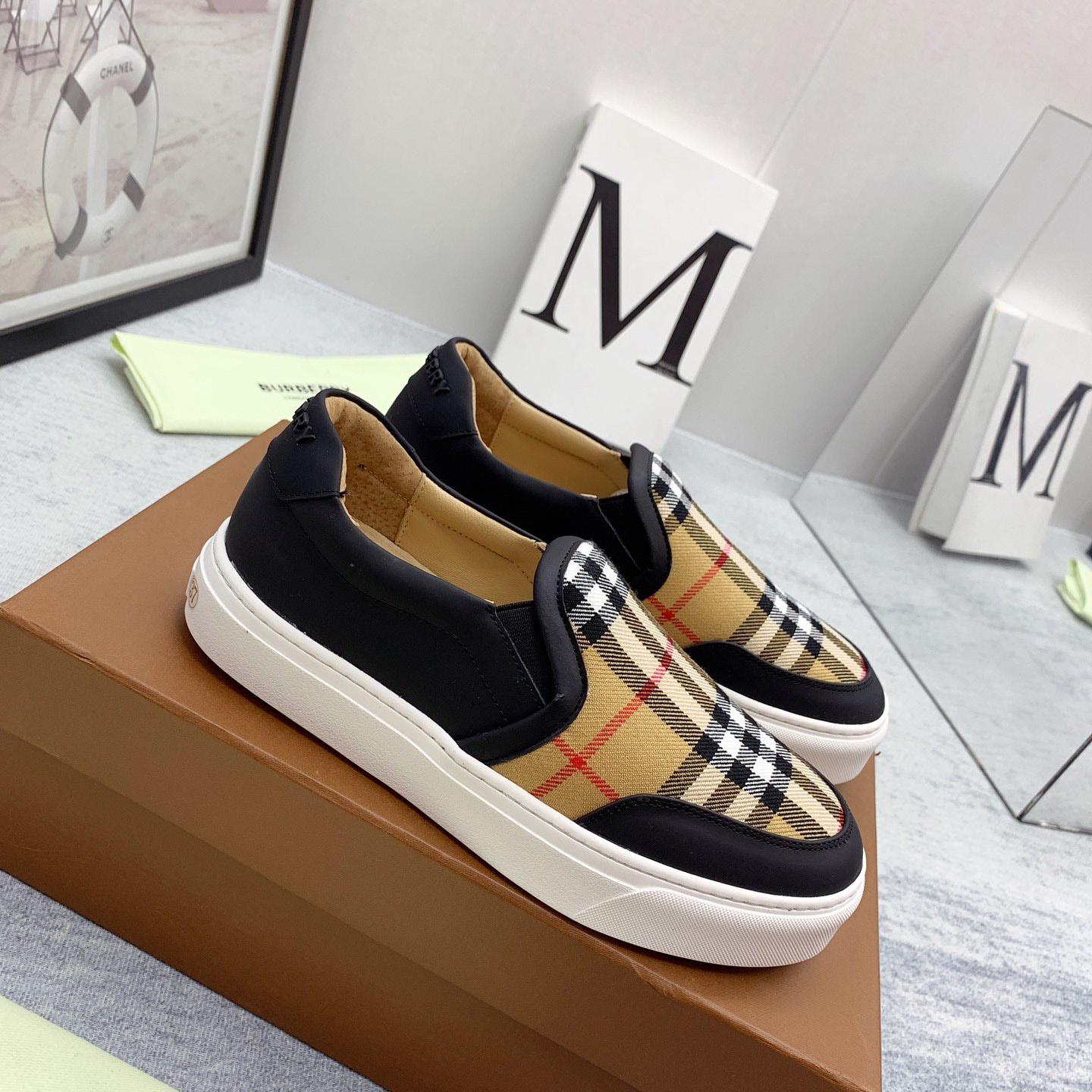Burberry Leather And Vintage Check Slip-On Sneakers - FashionPlug
