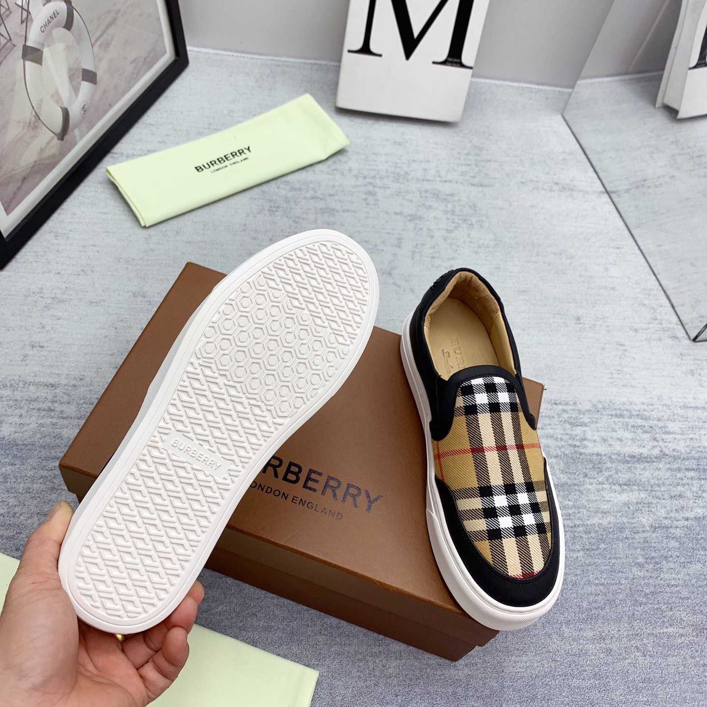 Burberry Leather And Vintage Check Slip-On Sneakers - FashionPlug