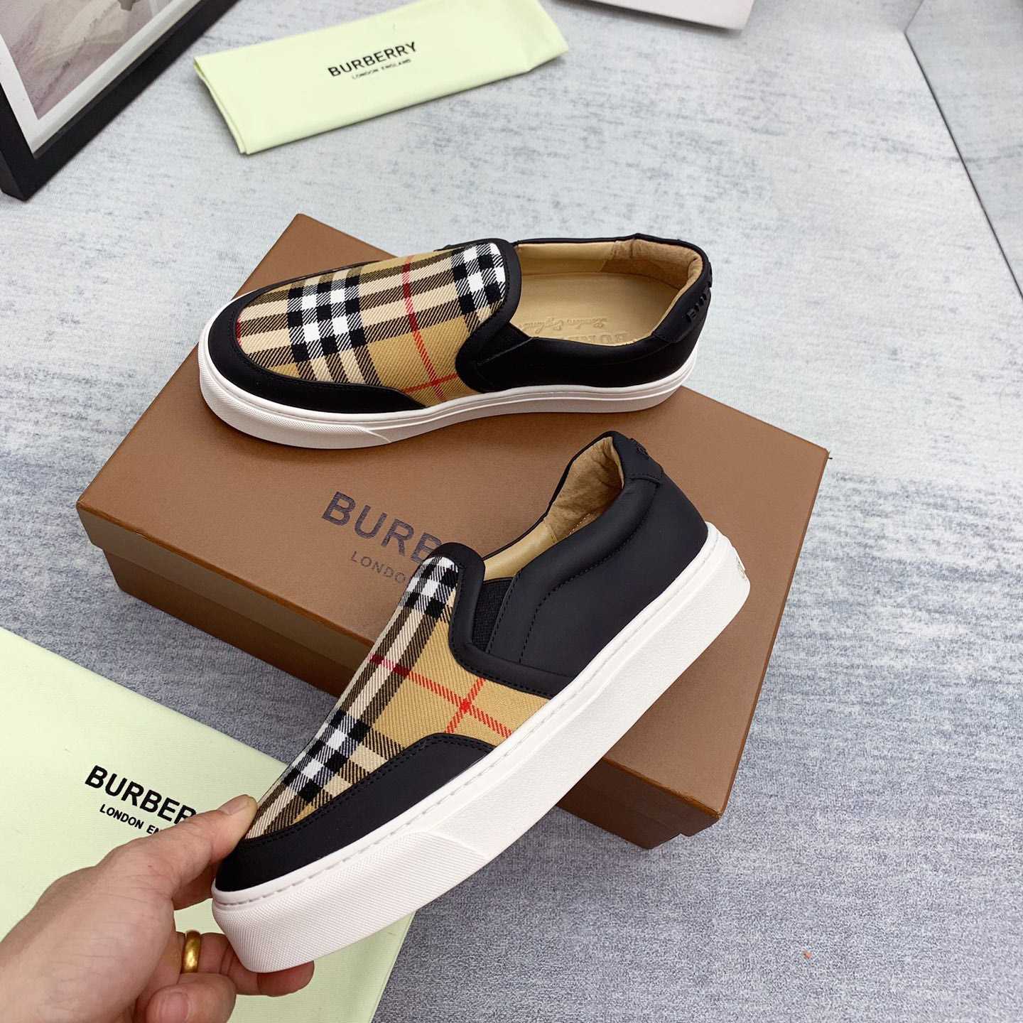 Burberry Leather And Vintage Check Slip-On Sneakers - FashionPlug