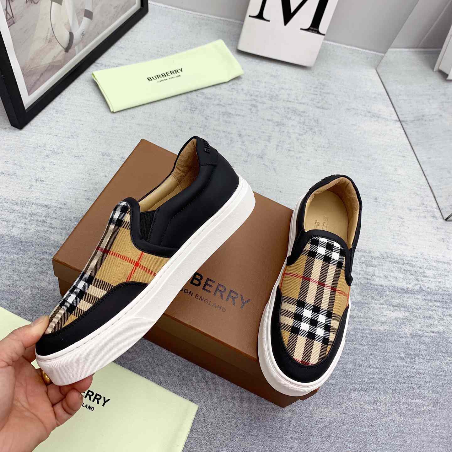 Burberry Leather And Vintage Check Slip-On Sneakers - FashionPlug