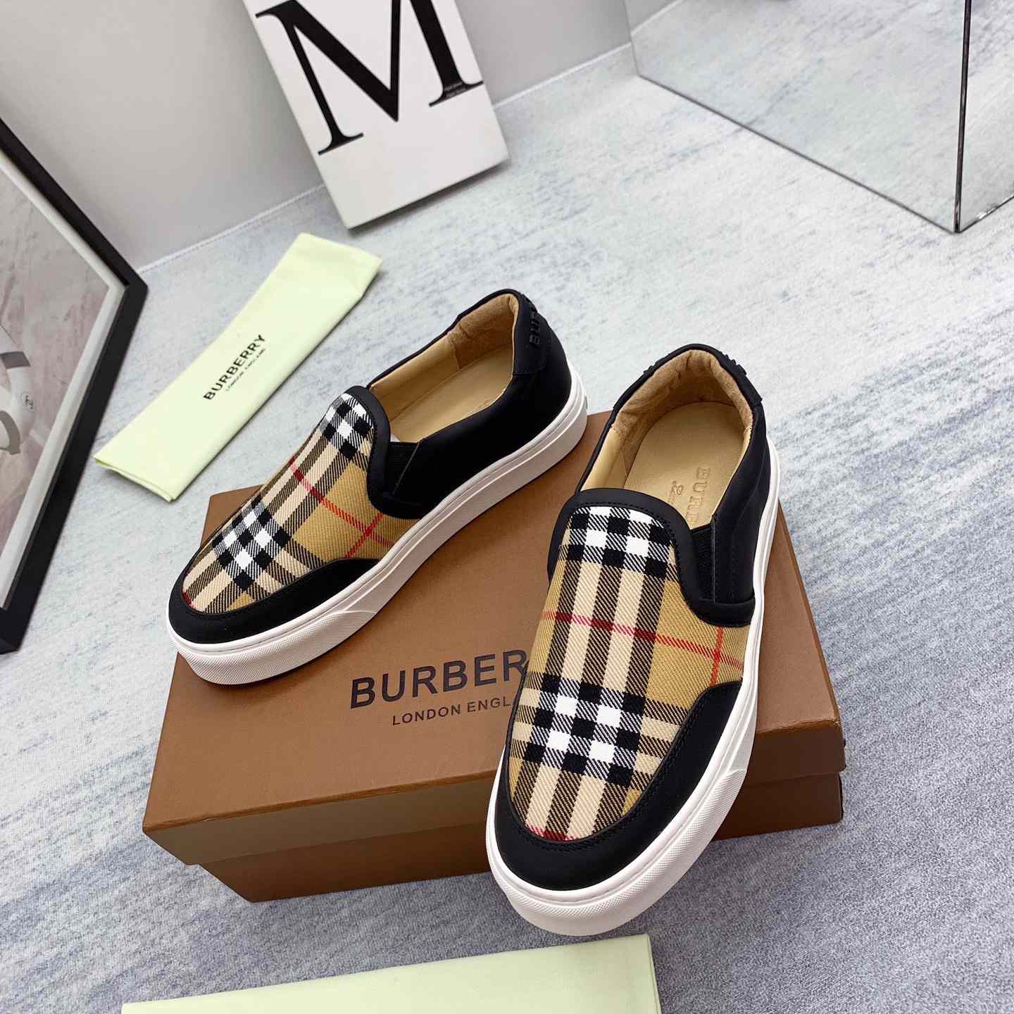 Burberry Leather And Vintage Check Slip-On Sneakers - FashionPlug
