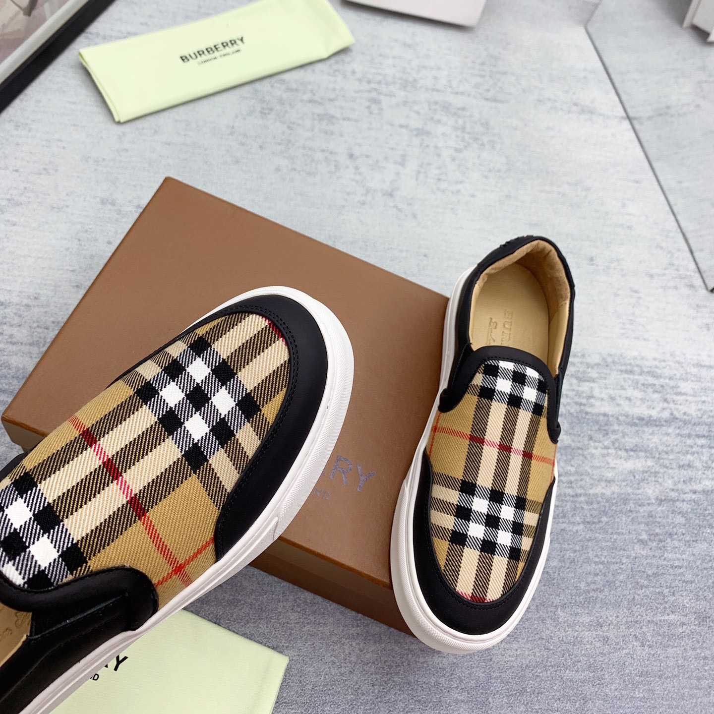 Burberry Leather And Vintage Check Slip-On Sneakers - FashionPlug