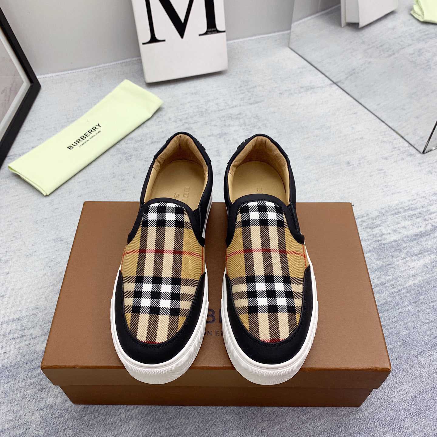 Burberry Leather And Vintage Check Slip-On Sneakers - FashionPlug