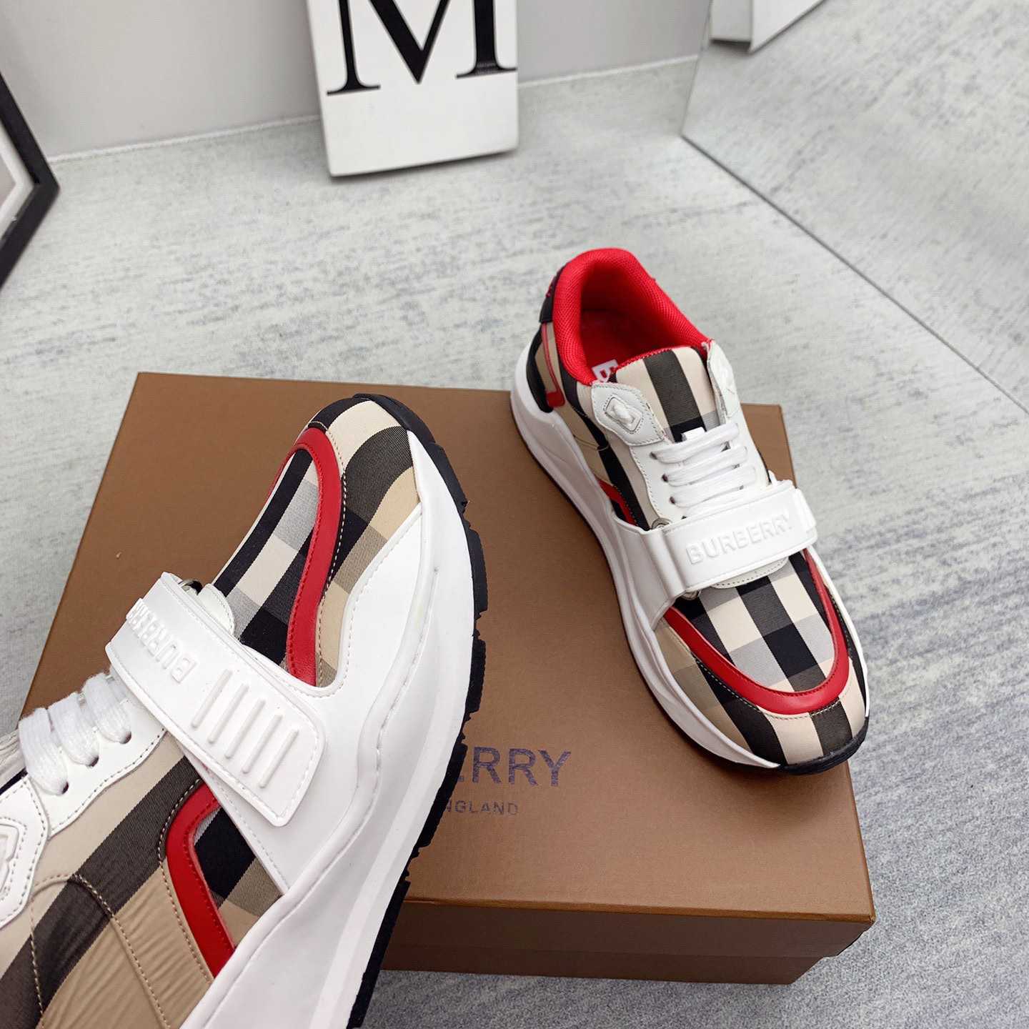 Burberry Check Nylon And Leather Sneakers - FashionPlug